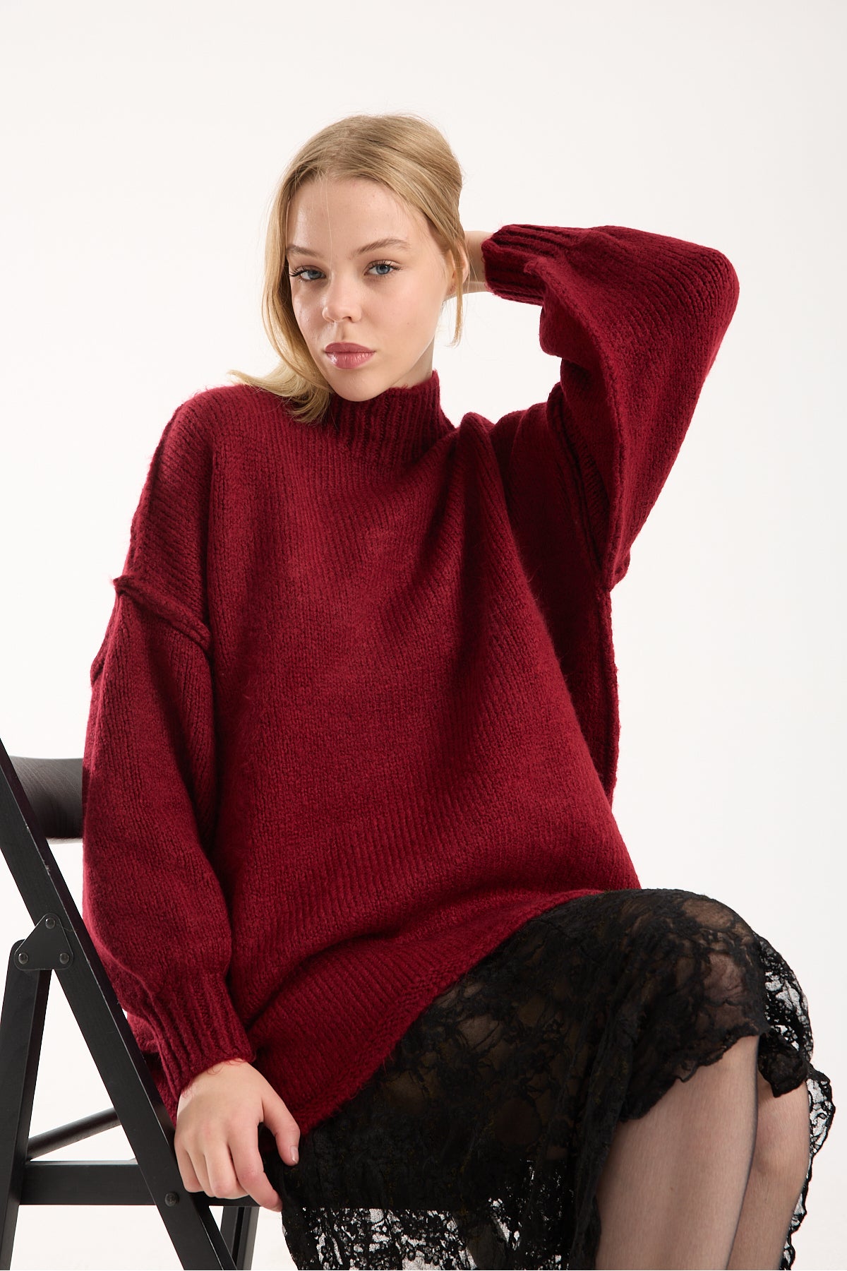 Yumoş ip ters dikiş oversize kadın kazak dik yaka 6513