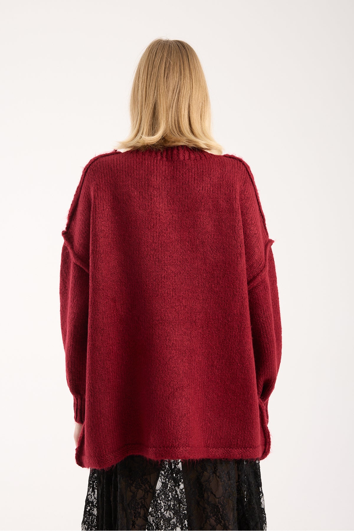 Yumoş ip ters dikiş oversize kadın kazak dik yaka 6513