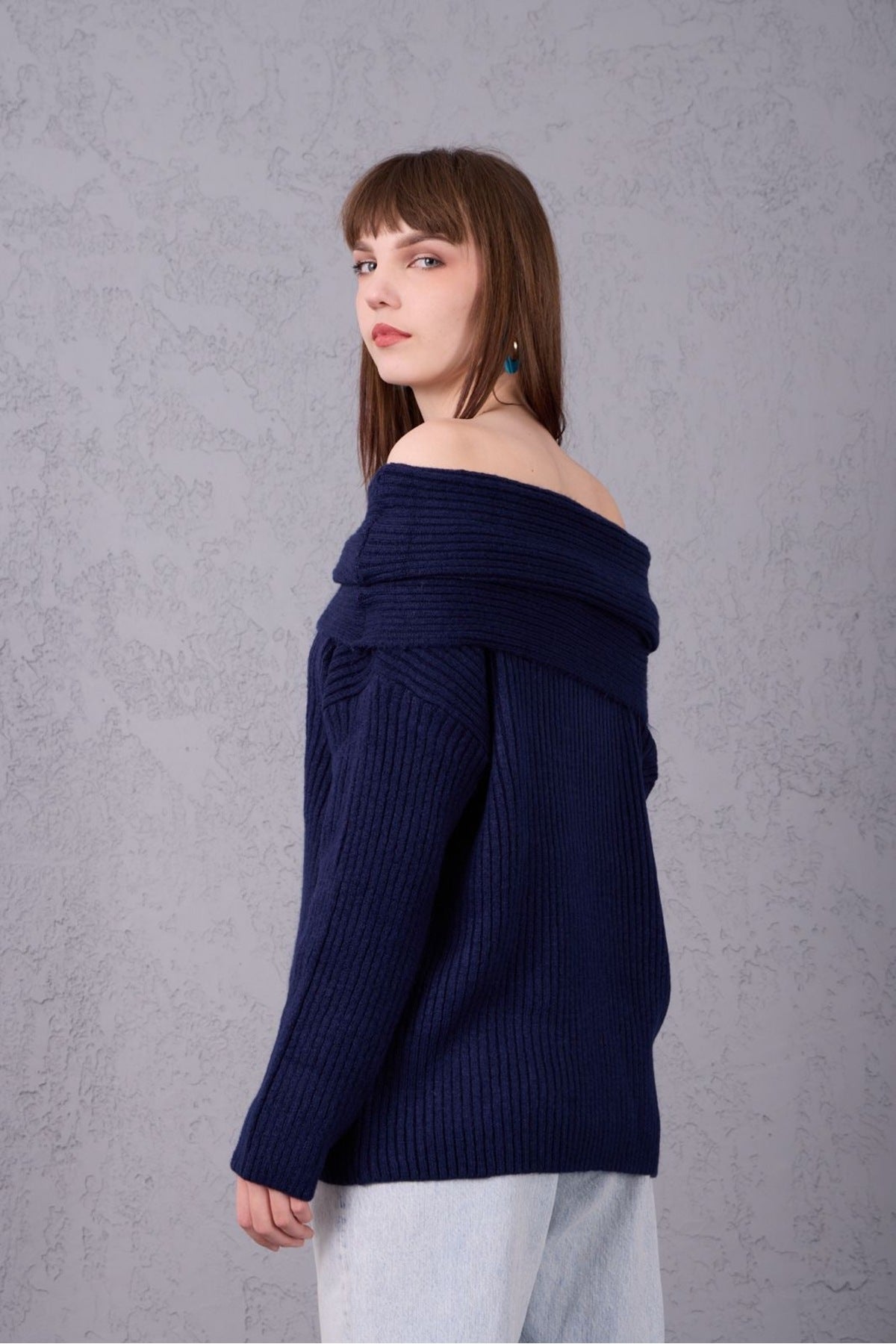 kadın yumoş kalın yumuşak Madonna yaka şık triko uzun kol kazak 3465