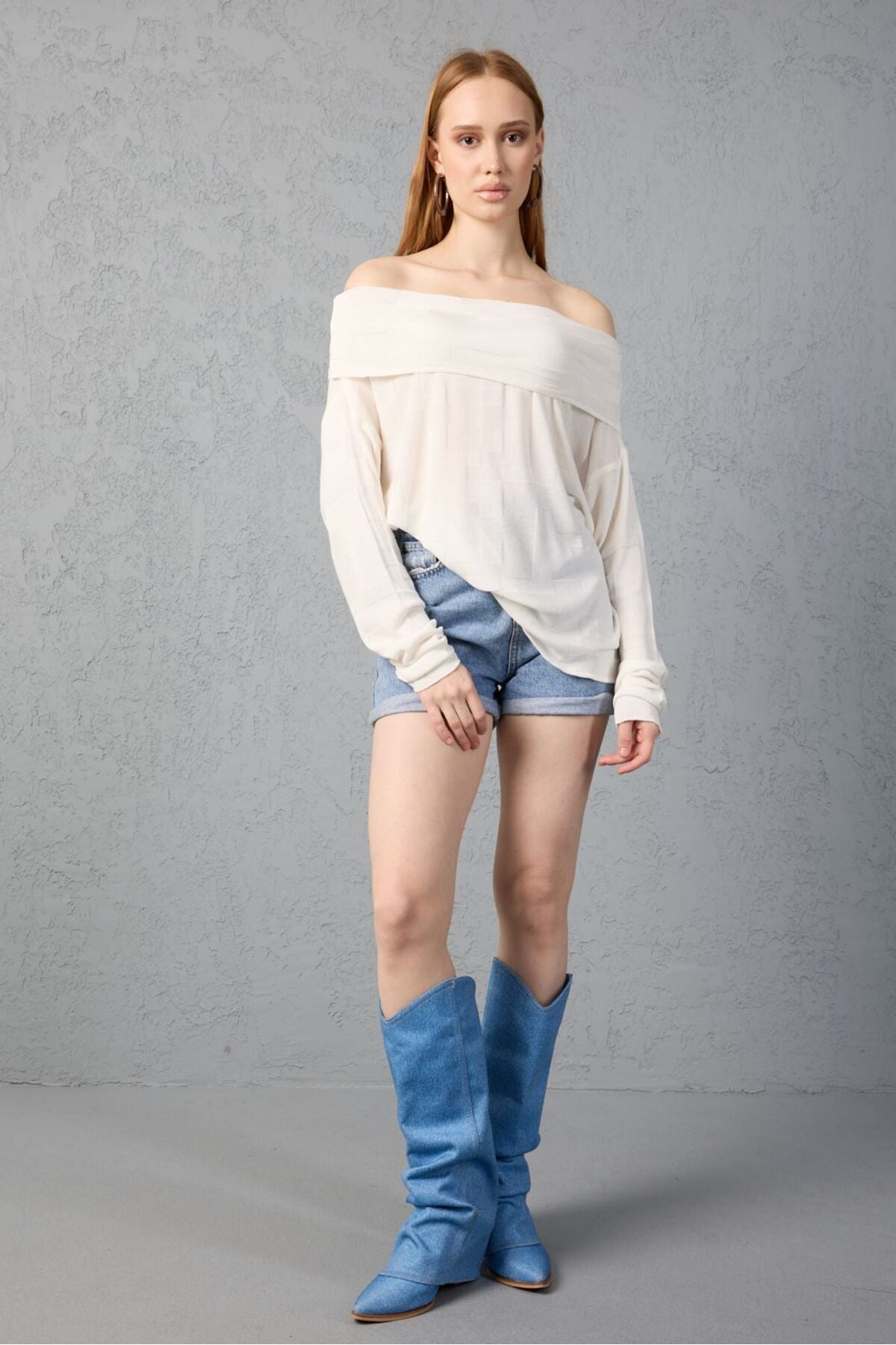 Kadın Triko Kazak ince Merserize Omuzu Açık Trend Sokak Stili 3517