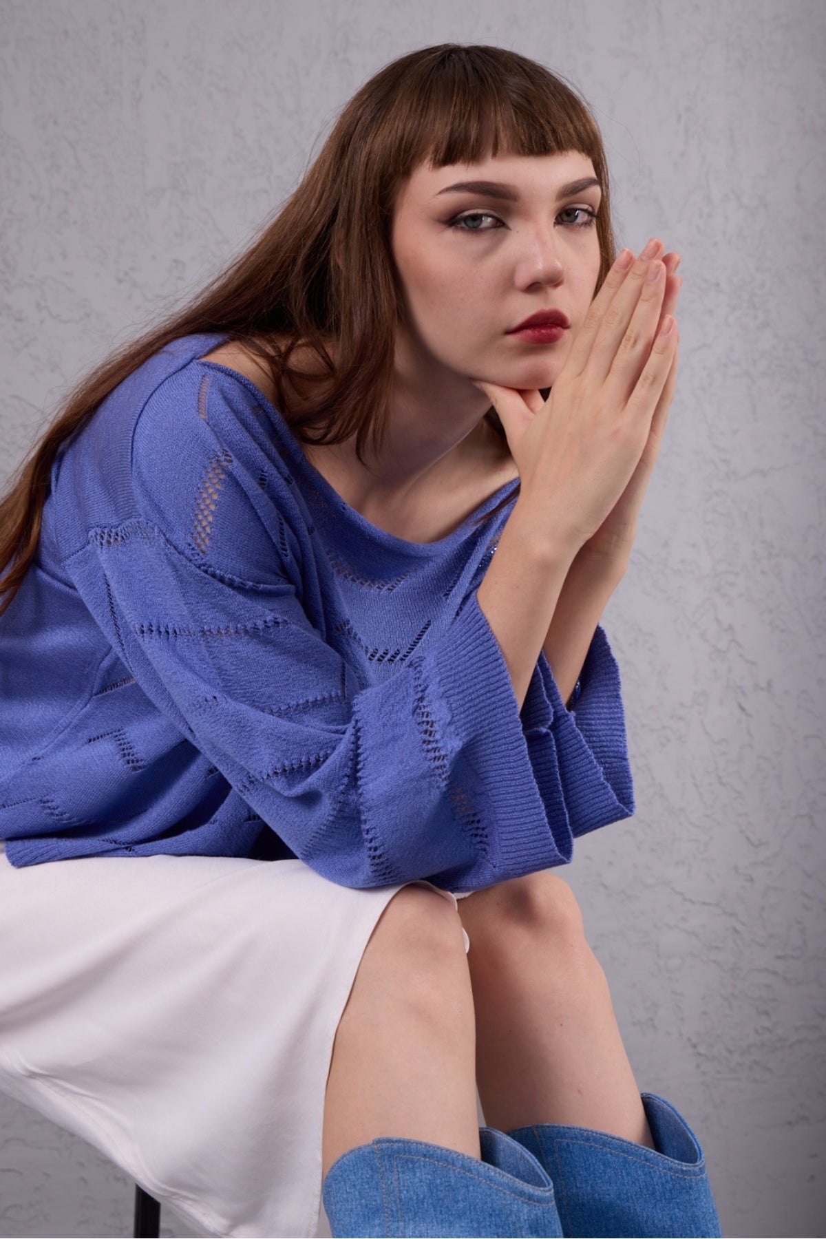 Kadın Triko Kazak Giyim Taşlı Kayık Yaka Tasarım Şık Yeni Yıl 3535