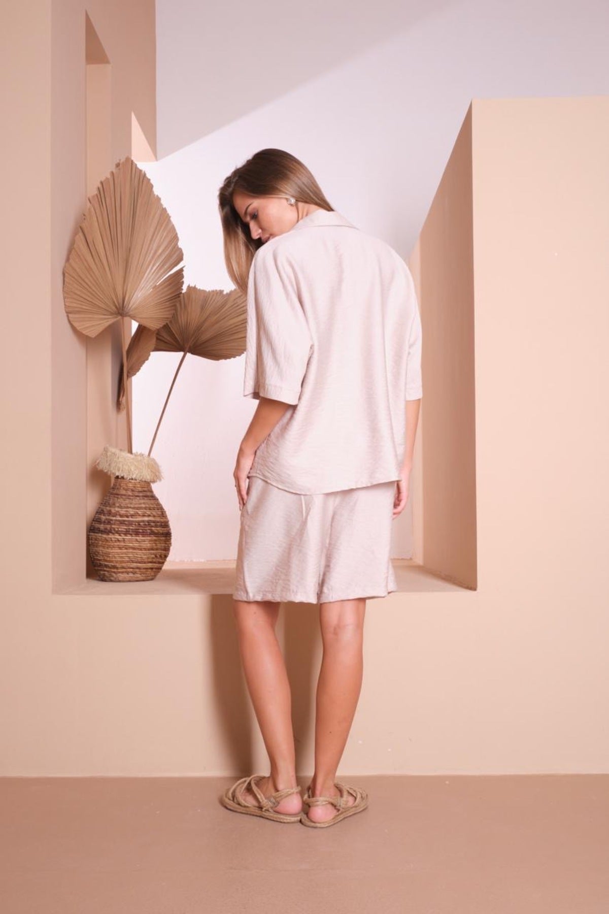 kadın şort gömlek takım keten rahat kalıp 5723