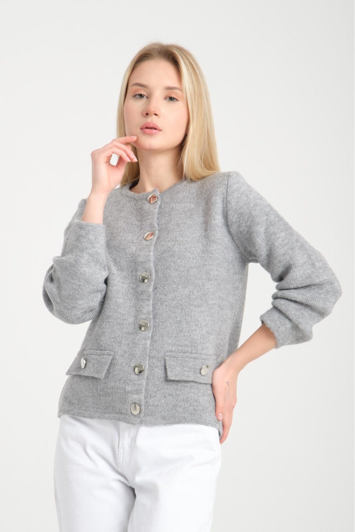 kadın triko hırka düğmeli uzunkol yumoş bisiklet yaka rahat kalıp hırka 3475