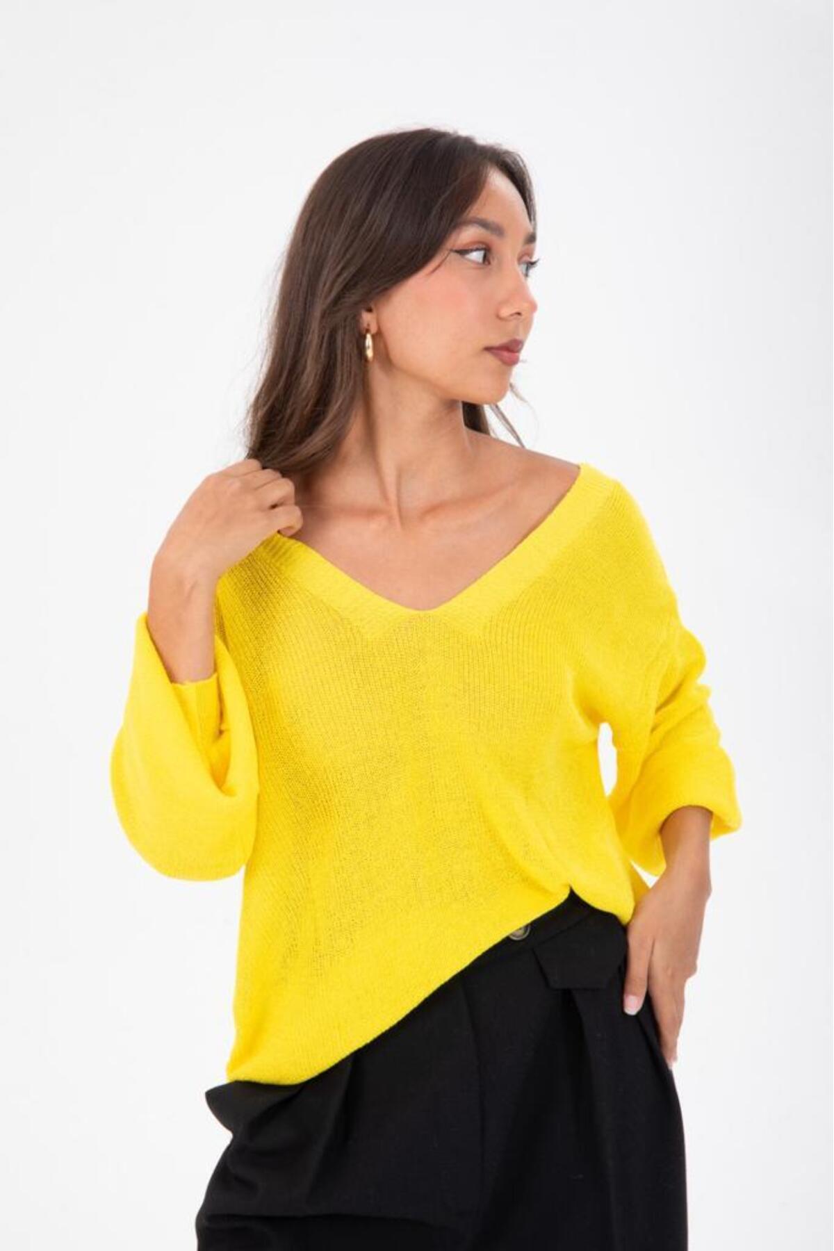 Kadın Giyim Bluz Merserize Kazak Ön Arka V Yaka Balon Kol Ince Merserize Triko Örme Salaş Kazak 3276