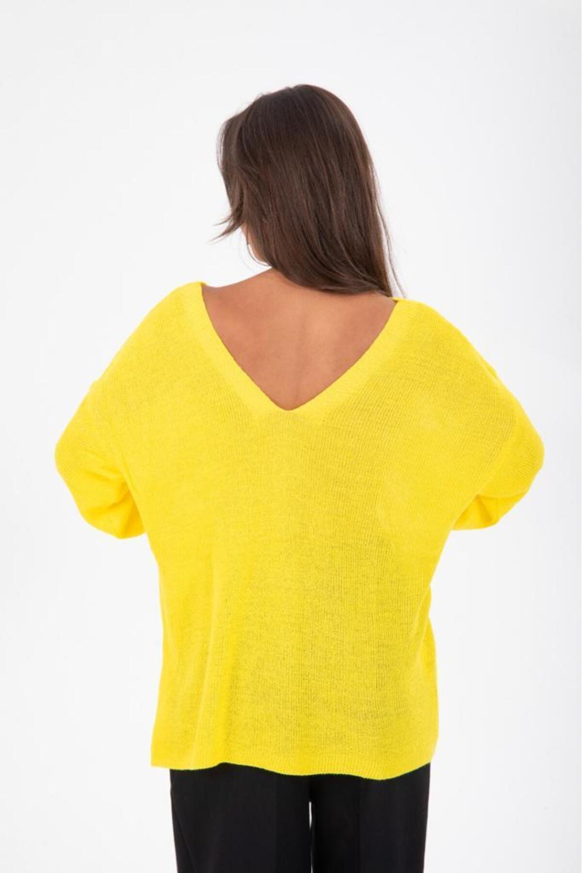 Kadın Giyim Bluz Merserize Kazak Ön Arka V Yaka Balon Kol Ince Merserize Triko Örme Salaş Kazak 3276