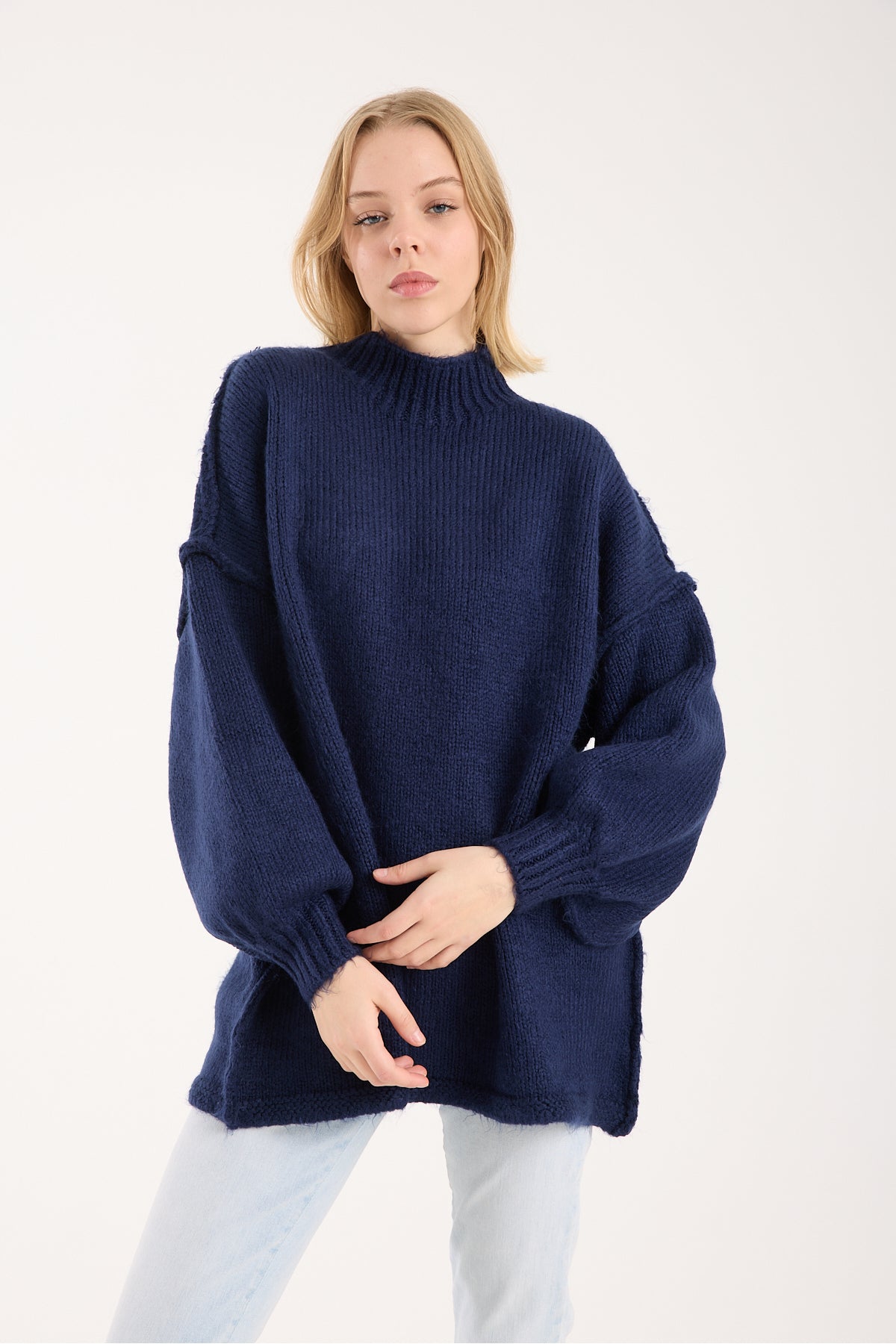 Yumoş ip ters dikiş oversize kadın kazak dik yaka 6513