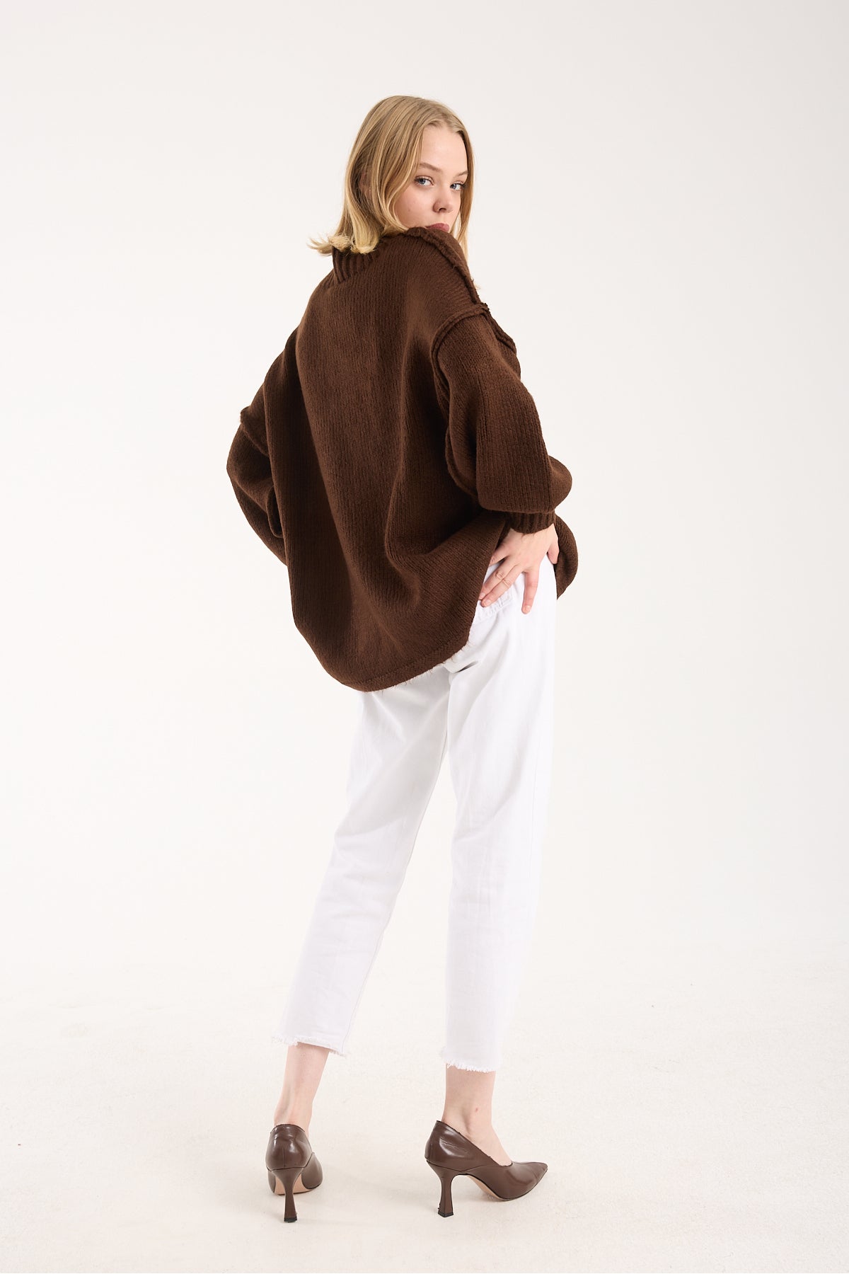 Yumoş ip ters dikiş oversize kadın kazak dik yaka 6513