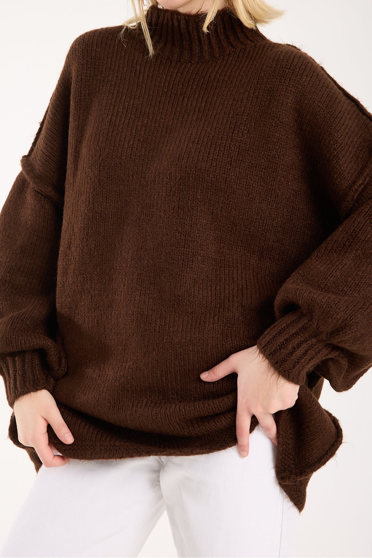 Yumoş ip ters dikiş oversize kadın kazak dik yaka 6513