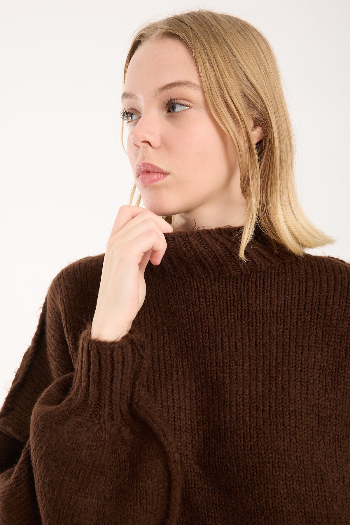 Yumoş ip ters dikiş oversize kadın kazak dik yaka 6513