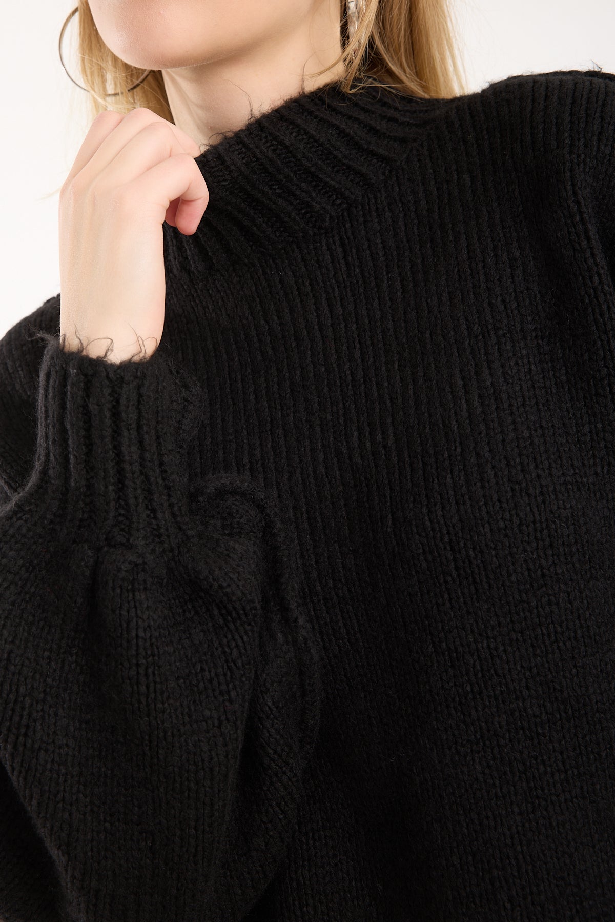 Yumoş ip ters dikiş oversize kadın kazak dik yaka 6513