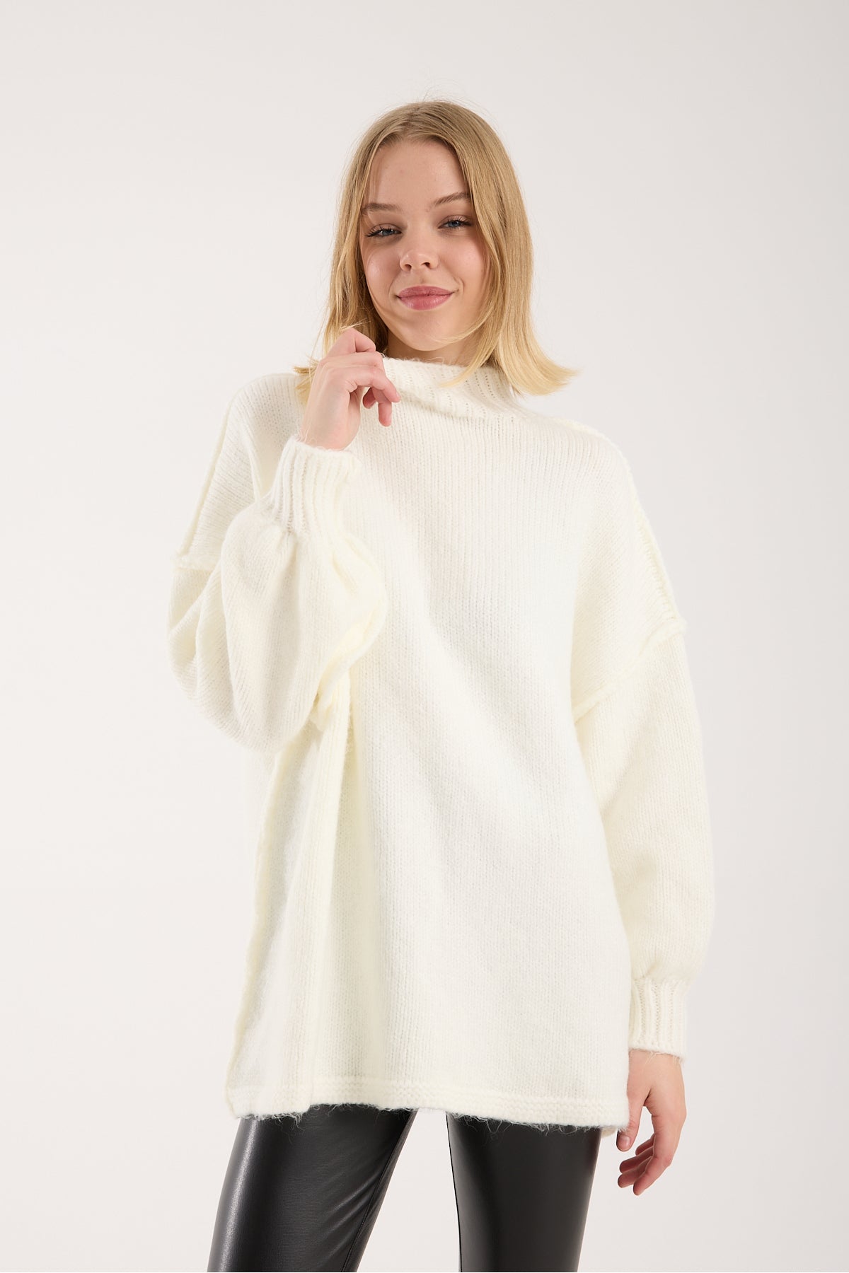 Yumoş ip ters dikiş oversize kadın kazak dik yaka 6513