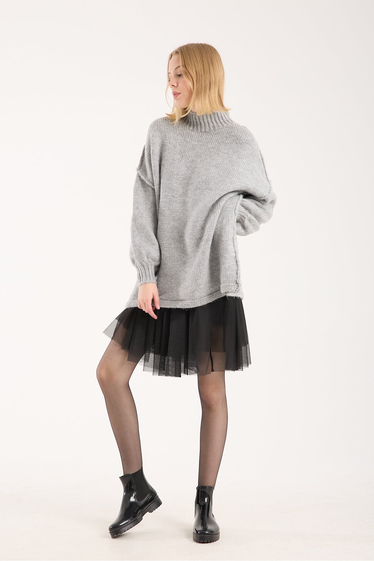 Yumoş ip ters dikiş oversize kadın kazak dik yaka 6513