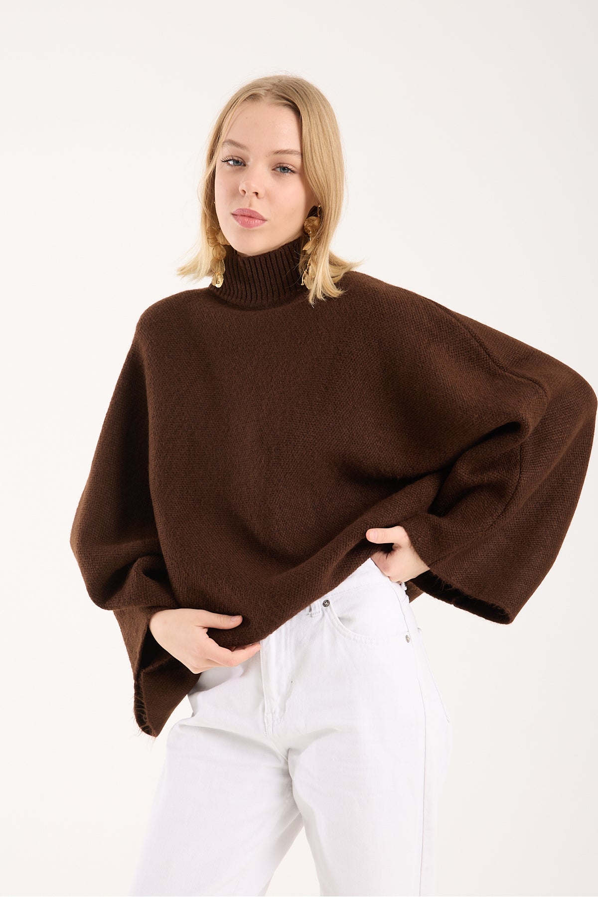 Yumoş ip pelerin dik yaka yarasa kol kadın kazak 6514