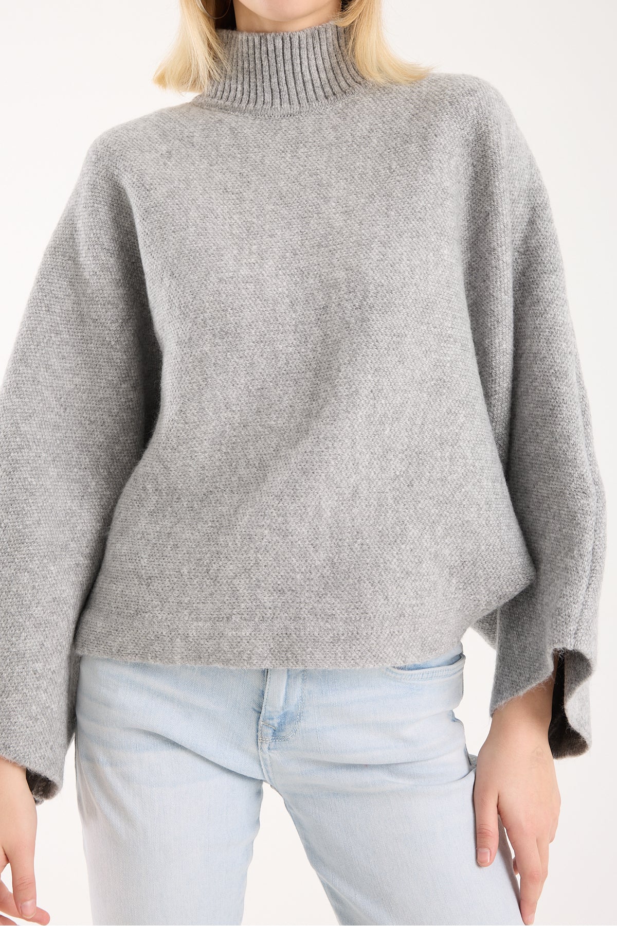 Yumoş ip pelerin dik yaka yarasa kol kadın kazak 6514