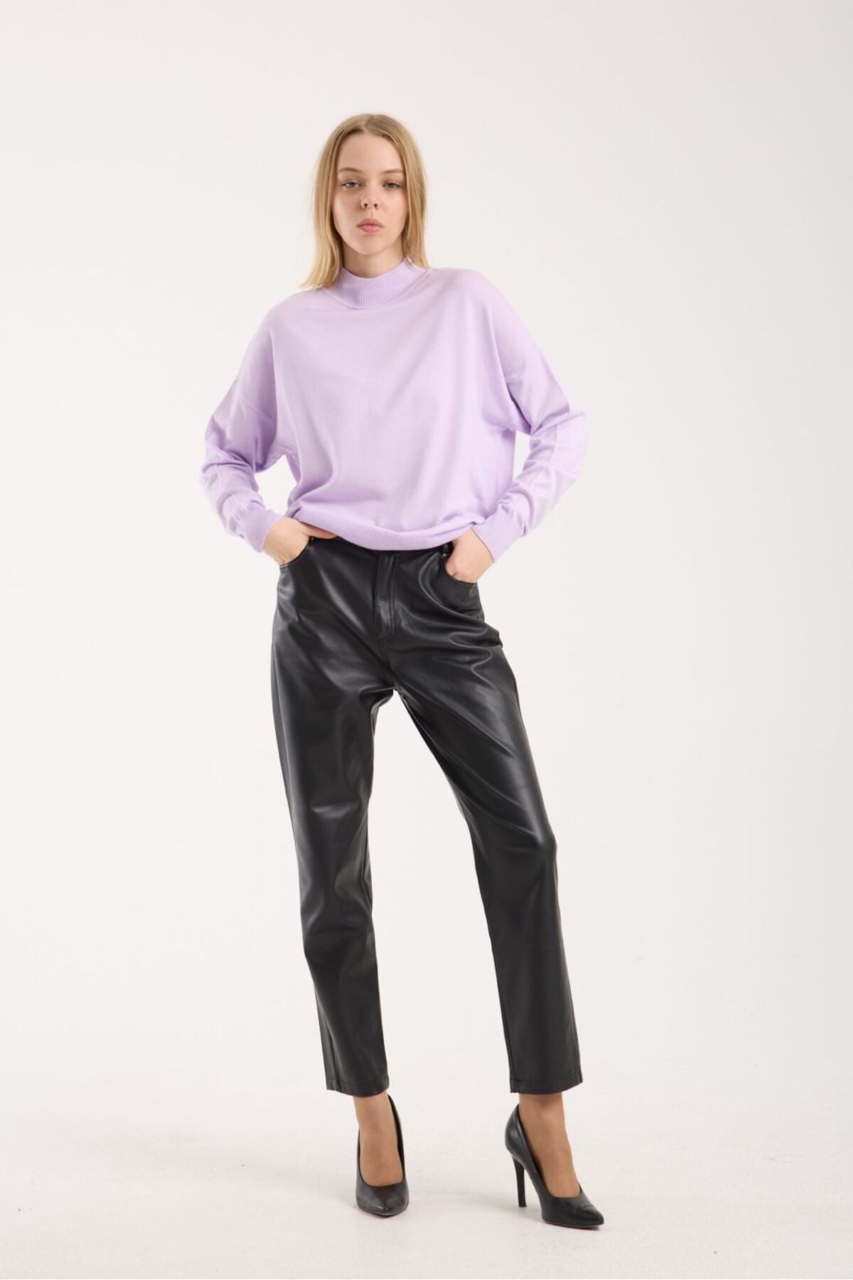 Kadın triko kazak yumuşak doku dik yaka basic 3522