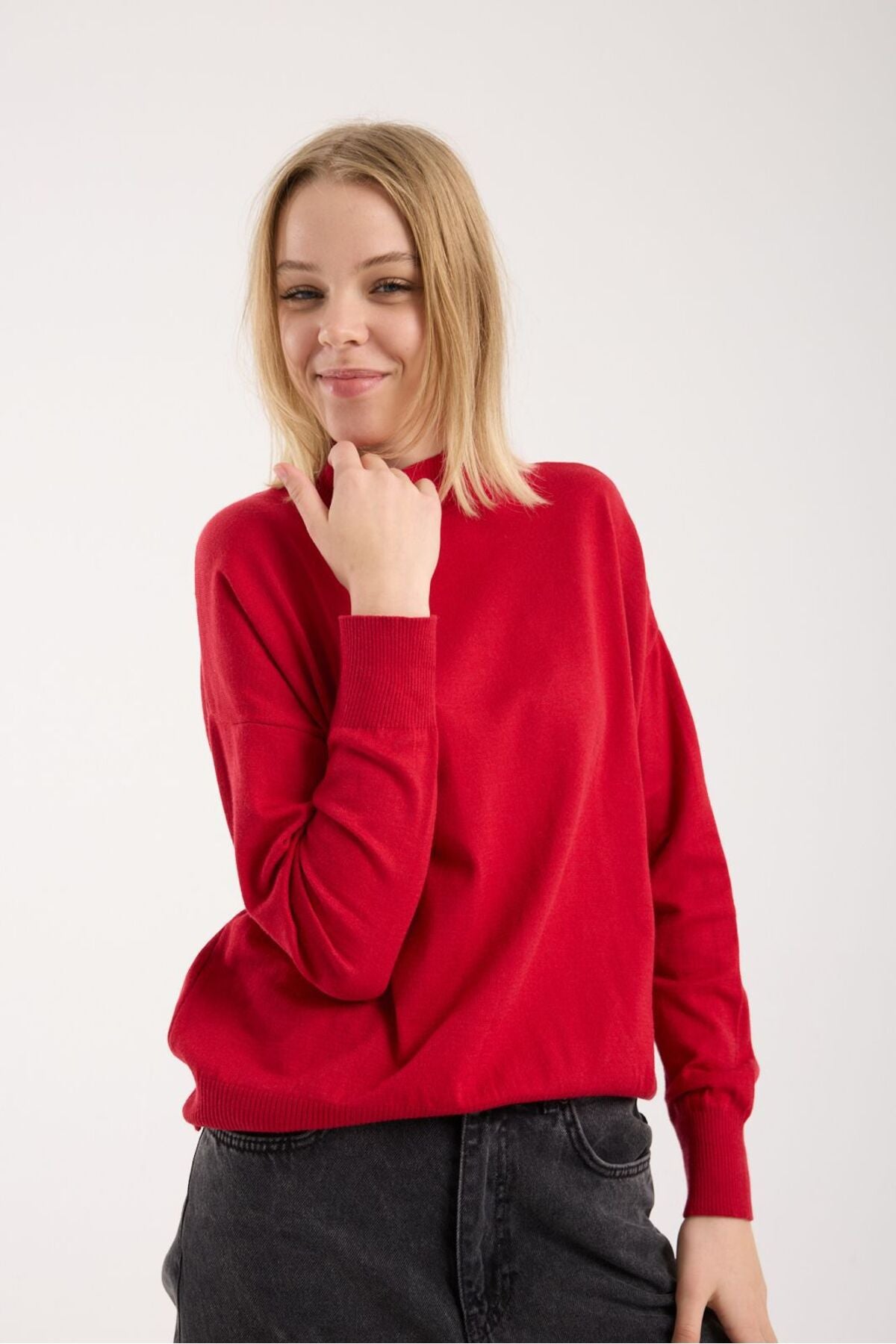 Kadın triko kazak yumuşak doku dik yaka basic 3522