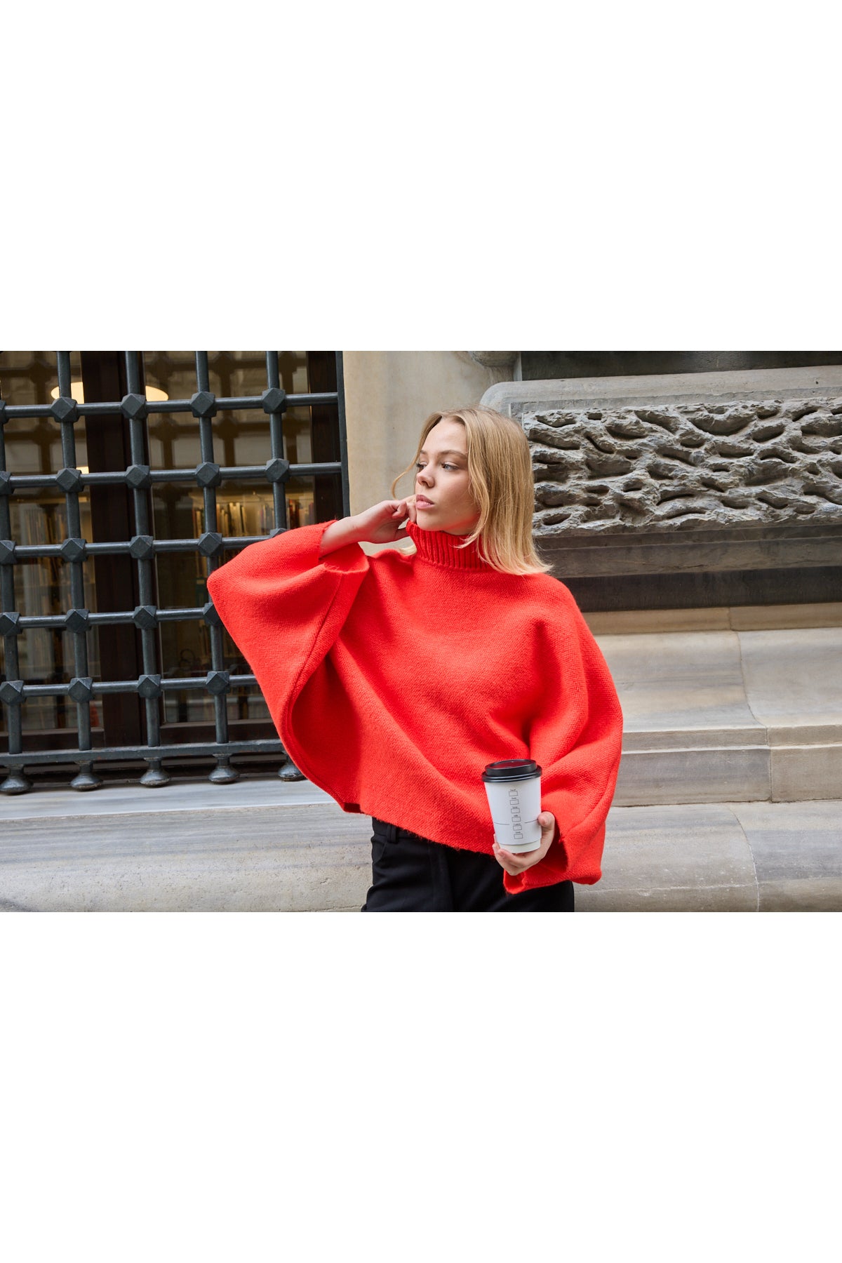 Yumoş ip pelerin dik yaka yarasa kol kadın kazak 6514