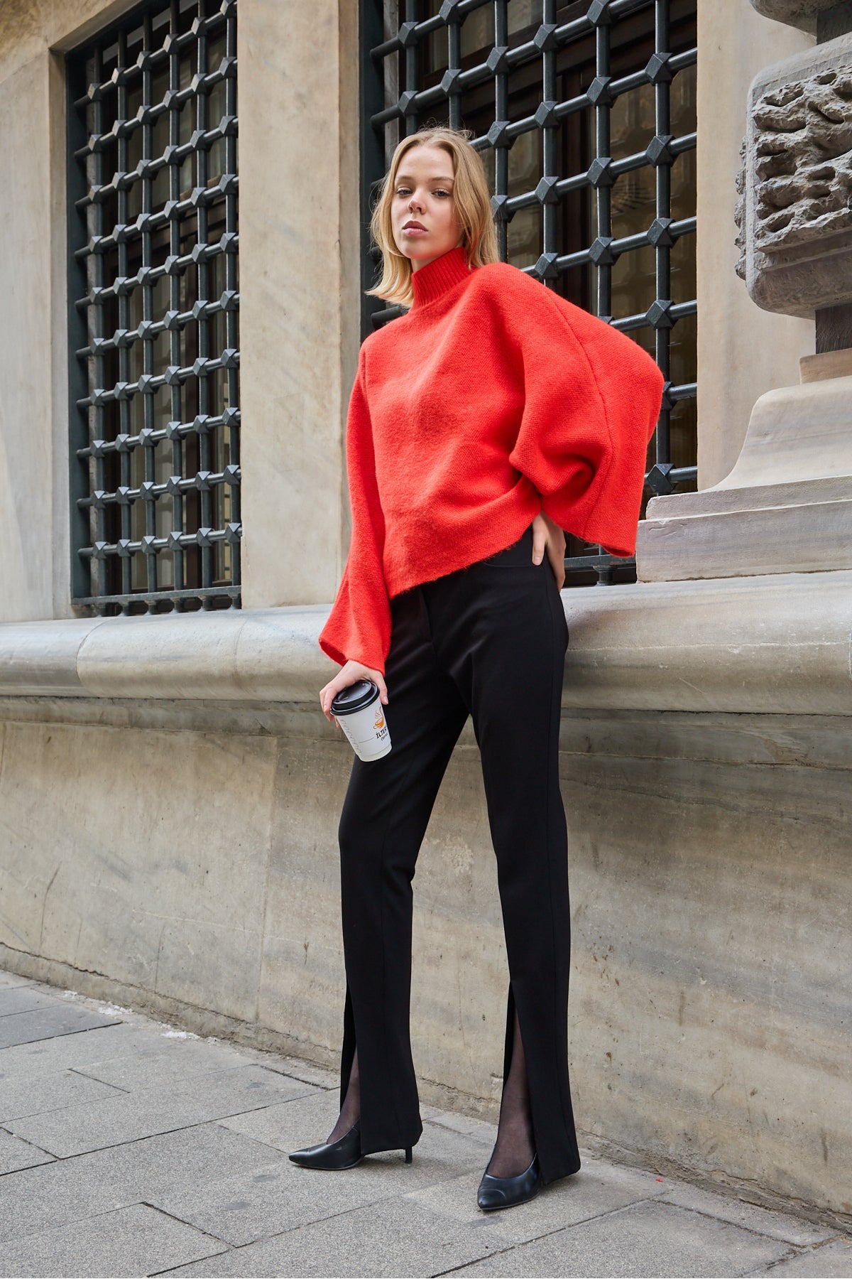 Yumoş ip pelerin dik yaka yarasa kol kadın kazak 6514