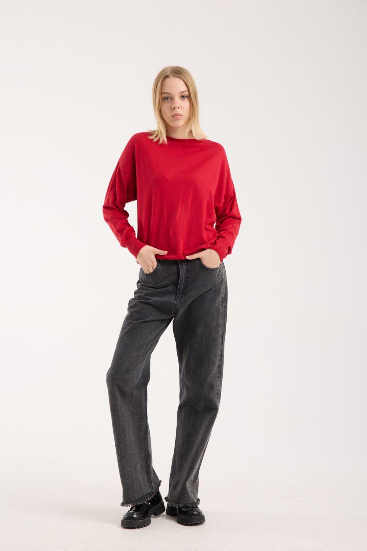 Kadın triko kazak yumuşak doku bisiklet yaka basic 3519