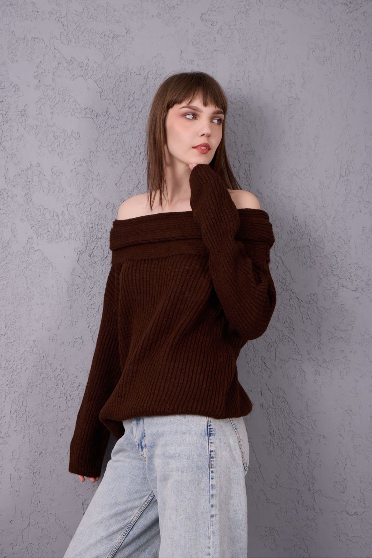 kadın yumoş kalın yumuşak Madonna yaka şık triko uzun kol kazak 3465