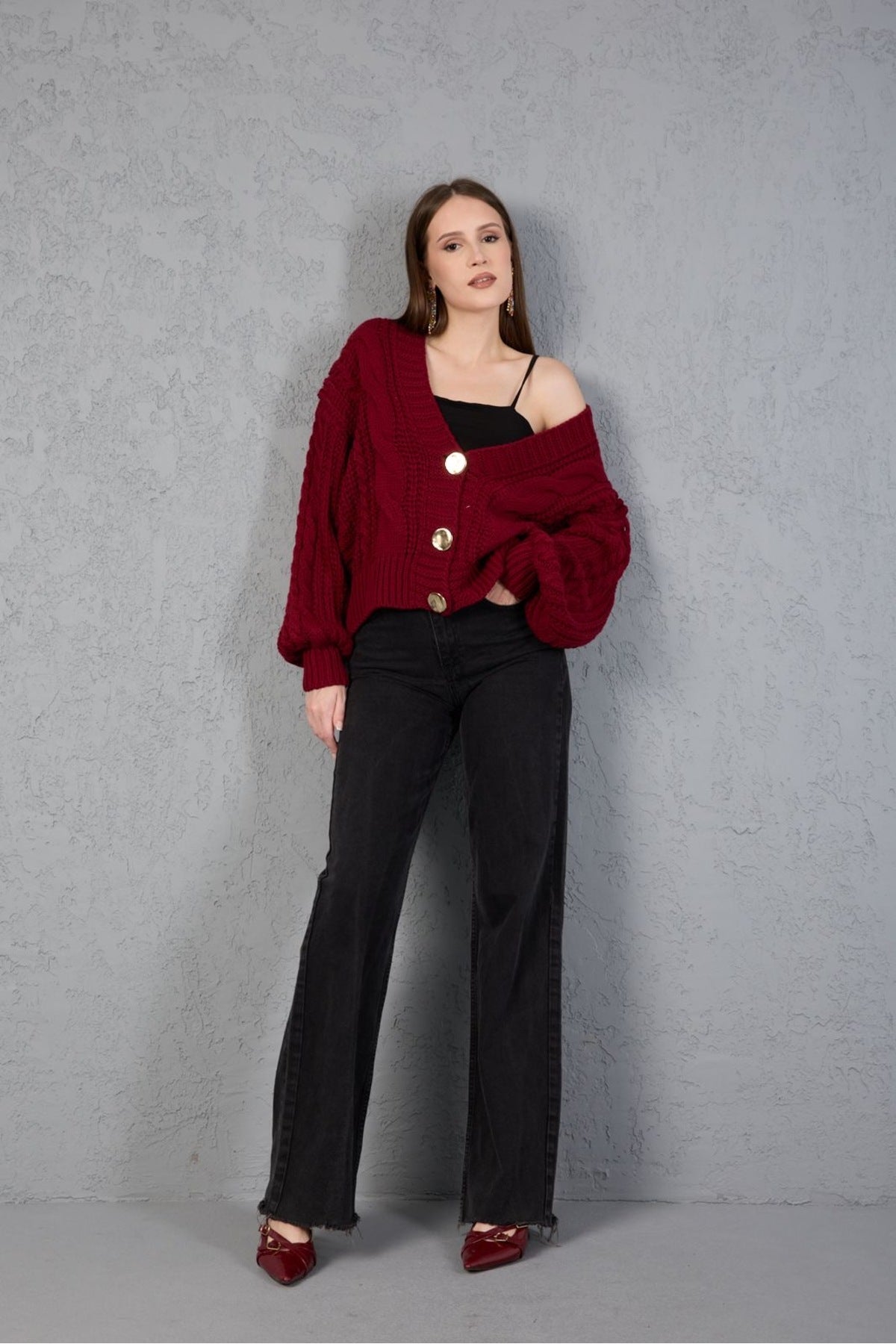 Kadın Triko Hırka Kazak V Yaka Düğmeli Kalın Yumuşak Şık Trend 3536