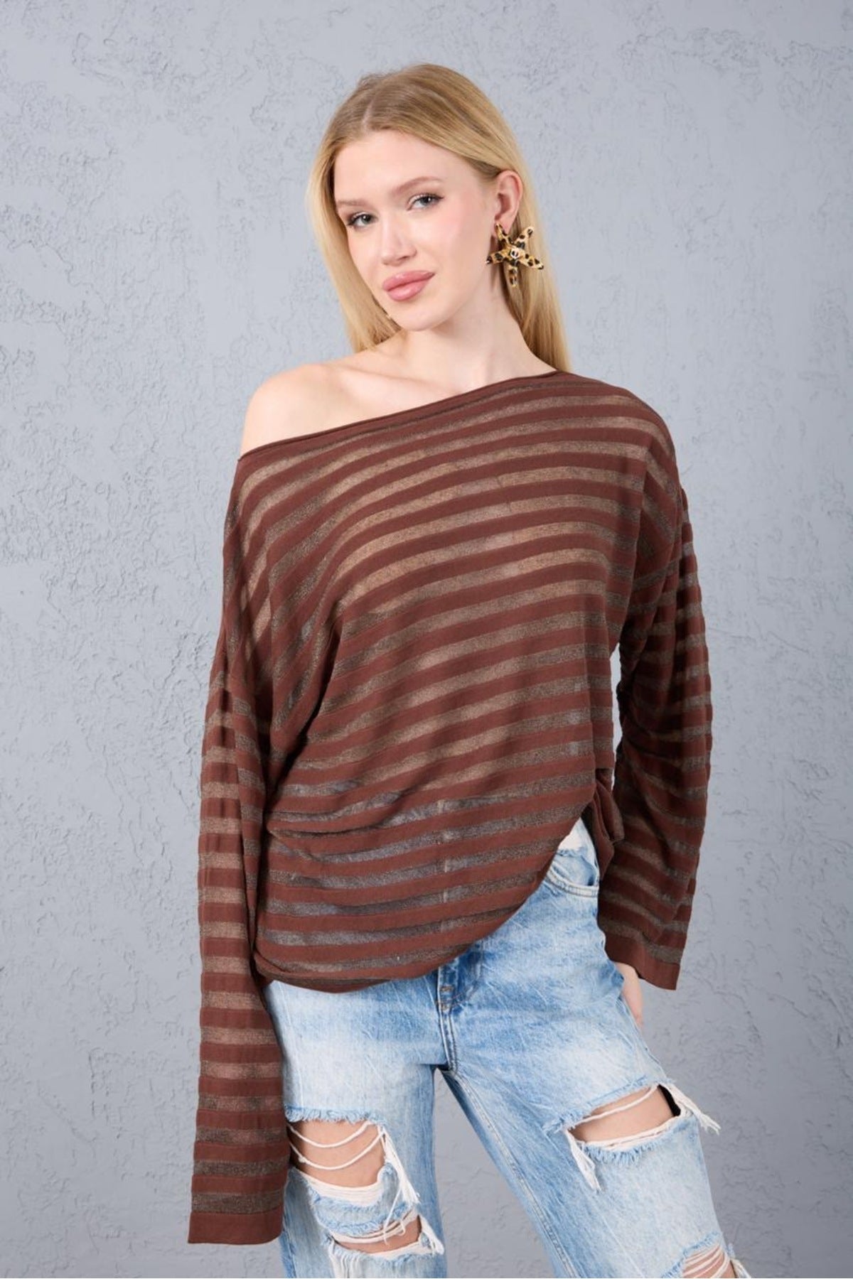 kadın kazak transparan uzun kol salaş merserize kazak 3513