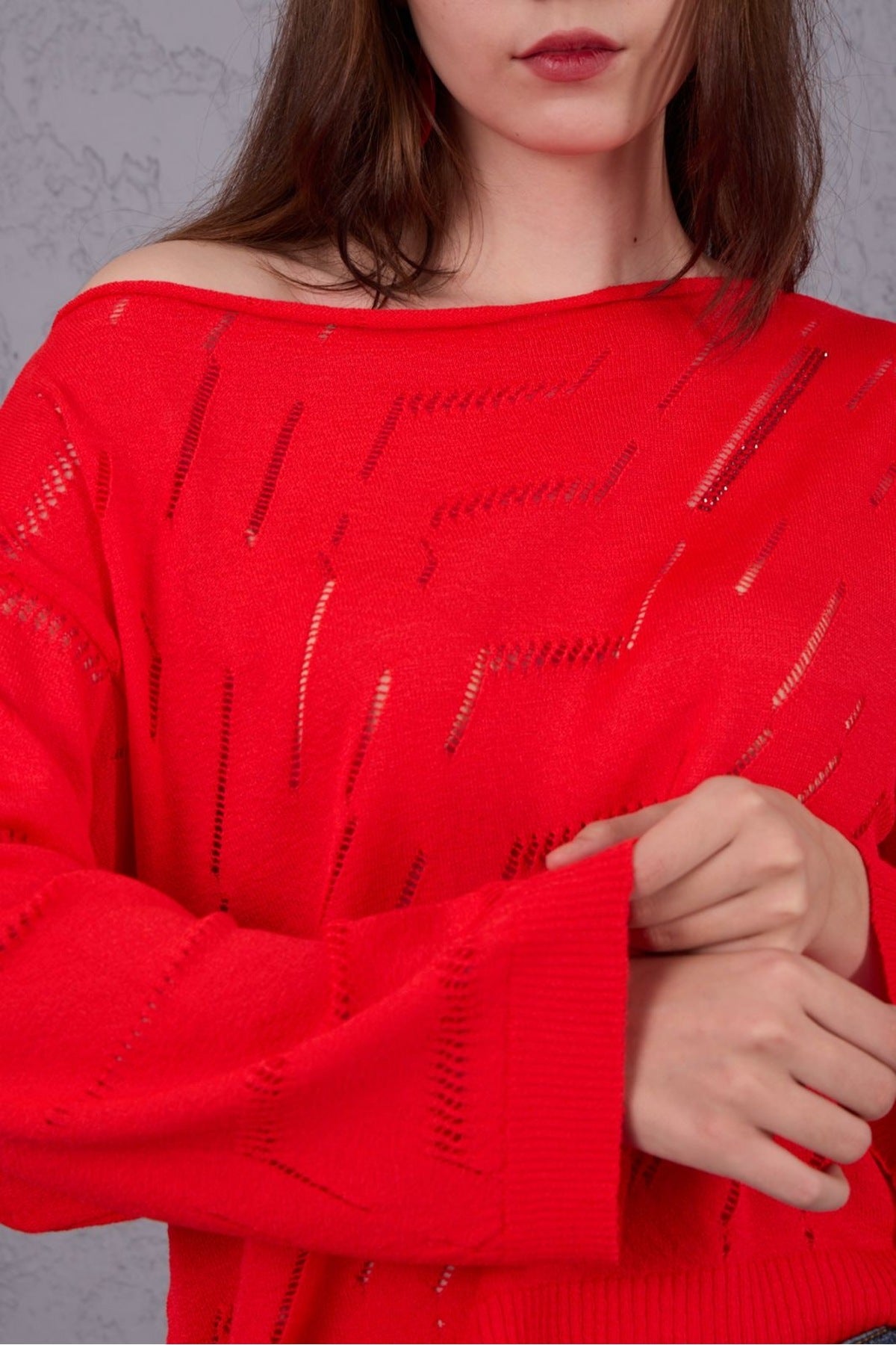 Kadın Triko Kazak Giyim Taşlı Kayık Yaka Tasarım Şık Yeni Yıl 3535