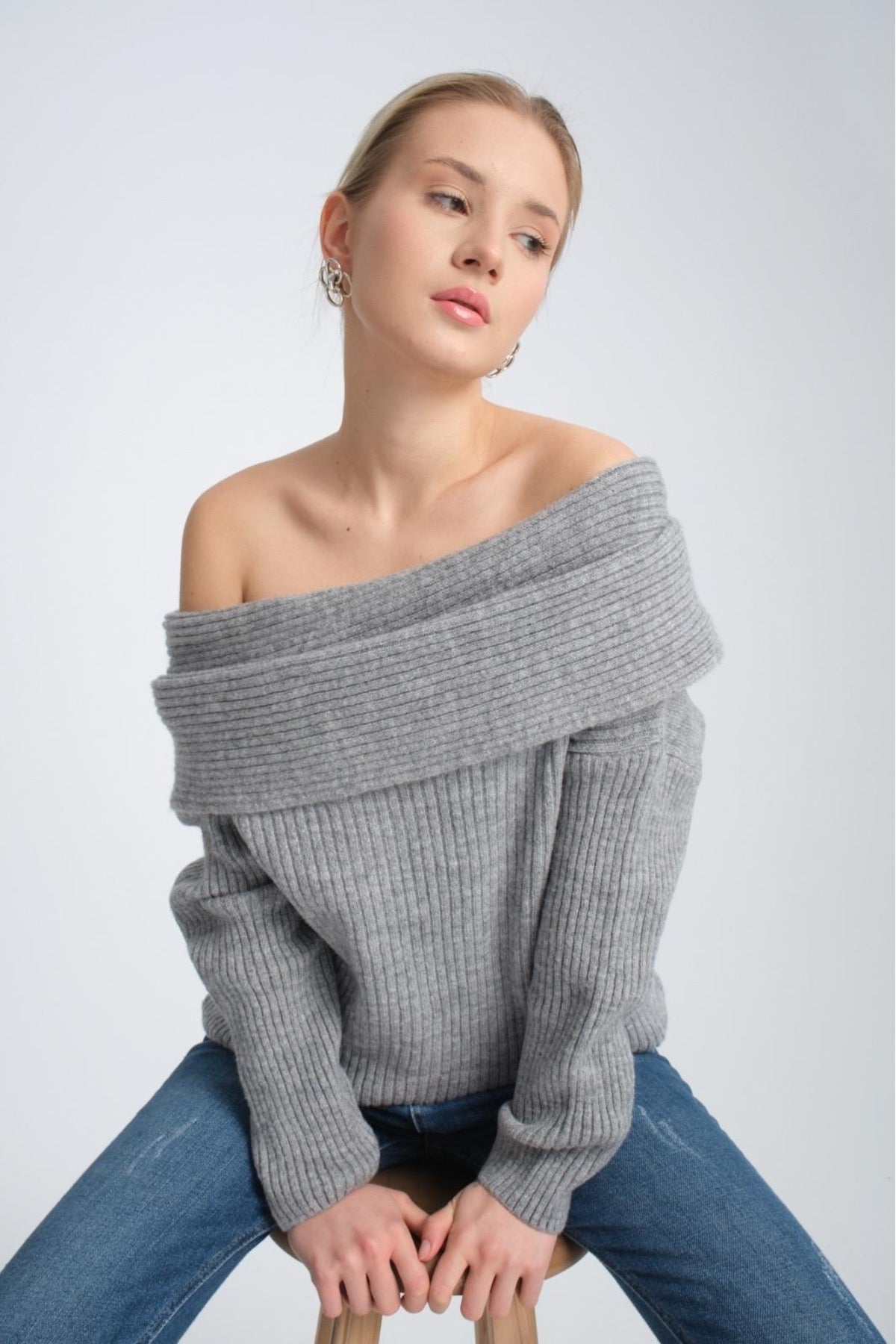 kadın yumoş kalın yumuşak Madonna yaka şık triko uzun kol kazak 3465