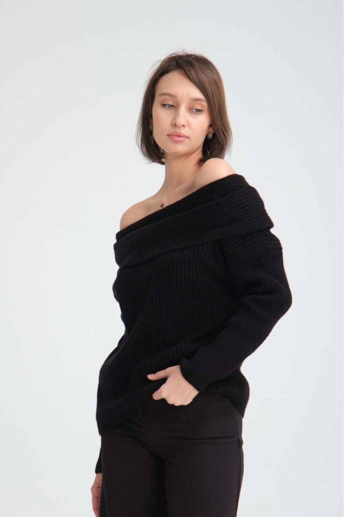 kadın yumoş kalın yumuşak Madonna yaka şık triko uzun kol kazak 3465