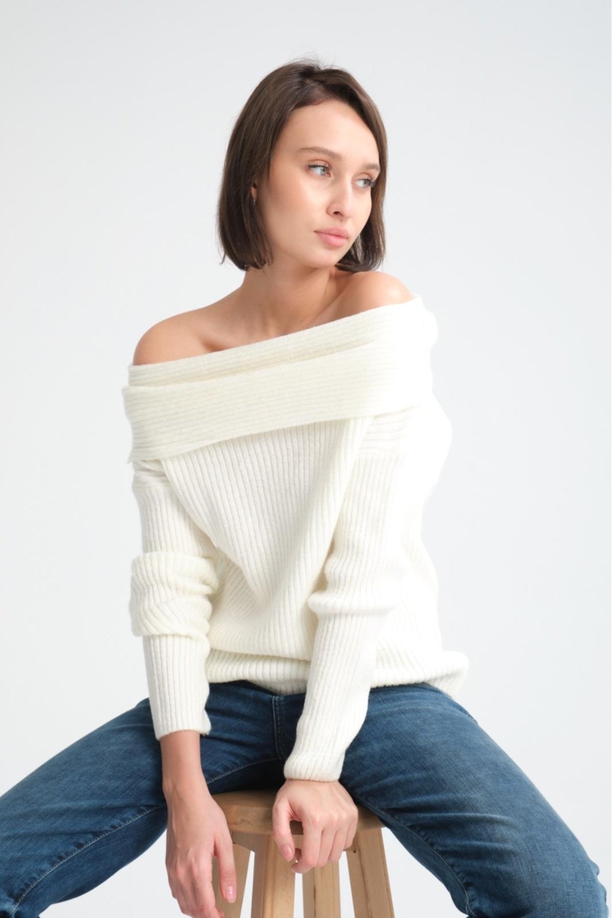 kadın yumoş kalın yumuşak Madonna yaka şık triko uzun kol kazak 3465