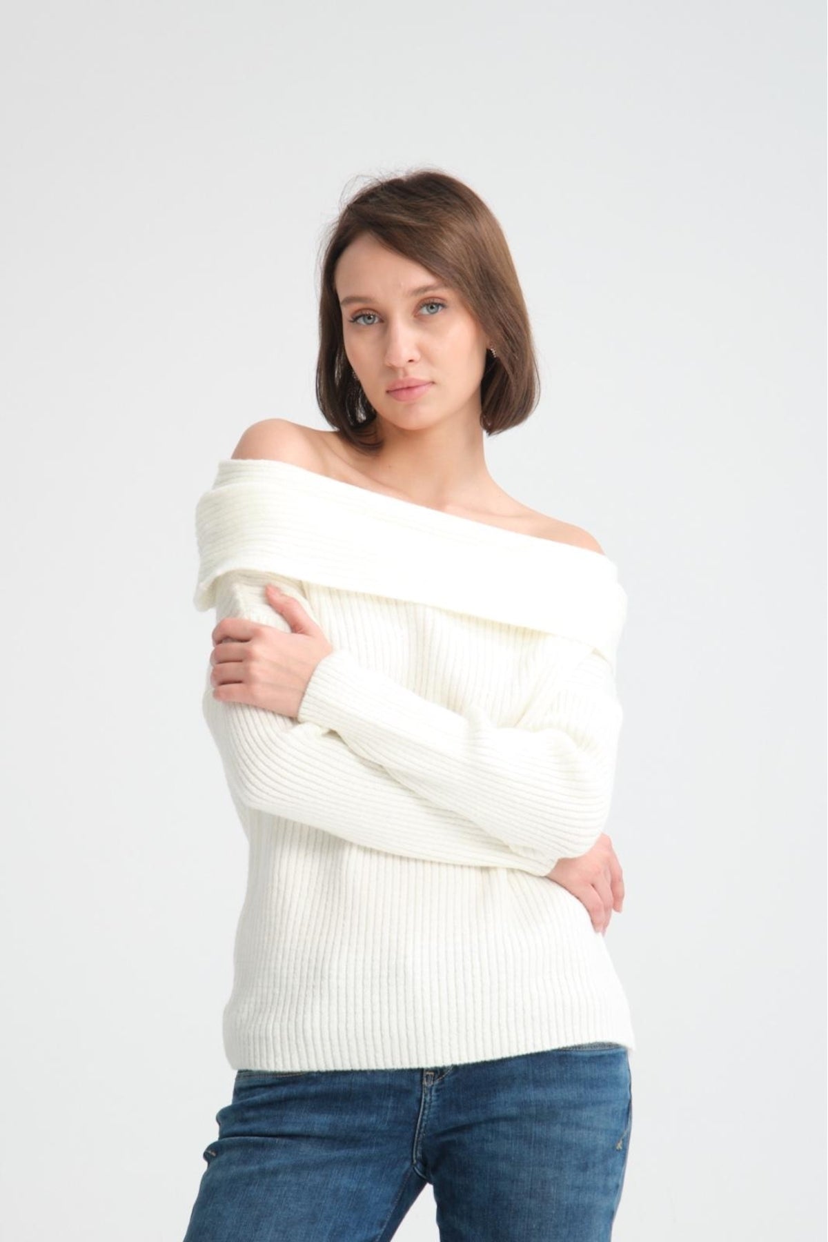 kadın yumoş kalın yumuşak Madonna yaka şık triko uzun kol kazak 3465