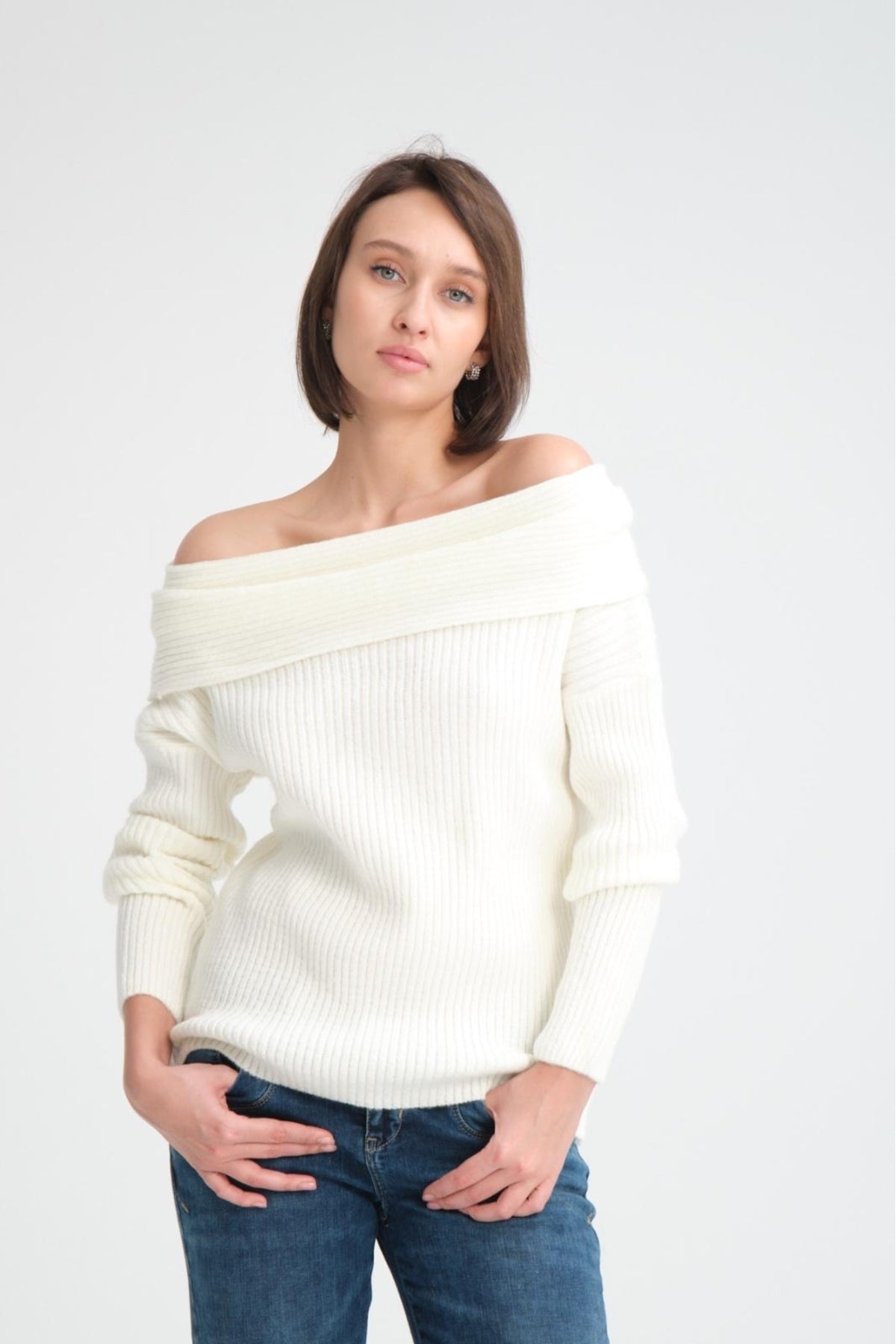 kadın yumoş kalın yumuşak Madonna yaka şık triko uzun kol kazak 3465