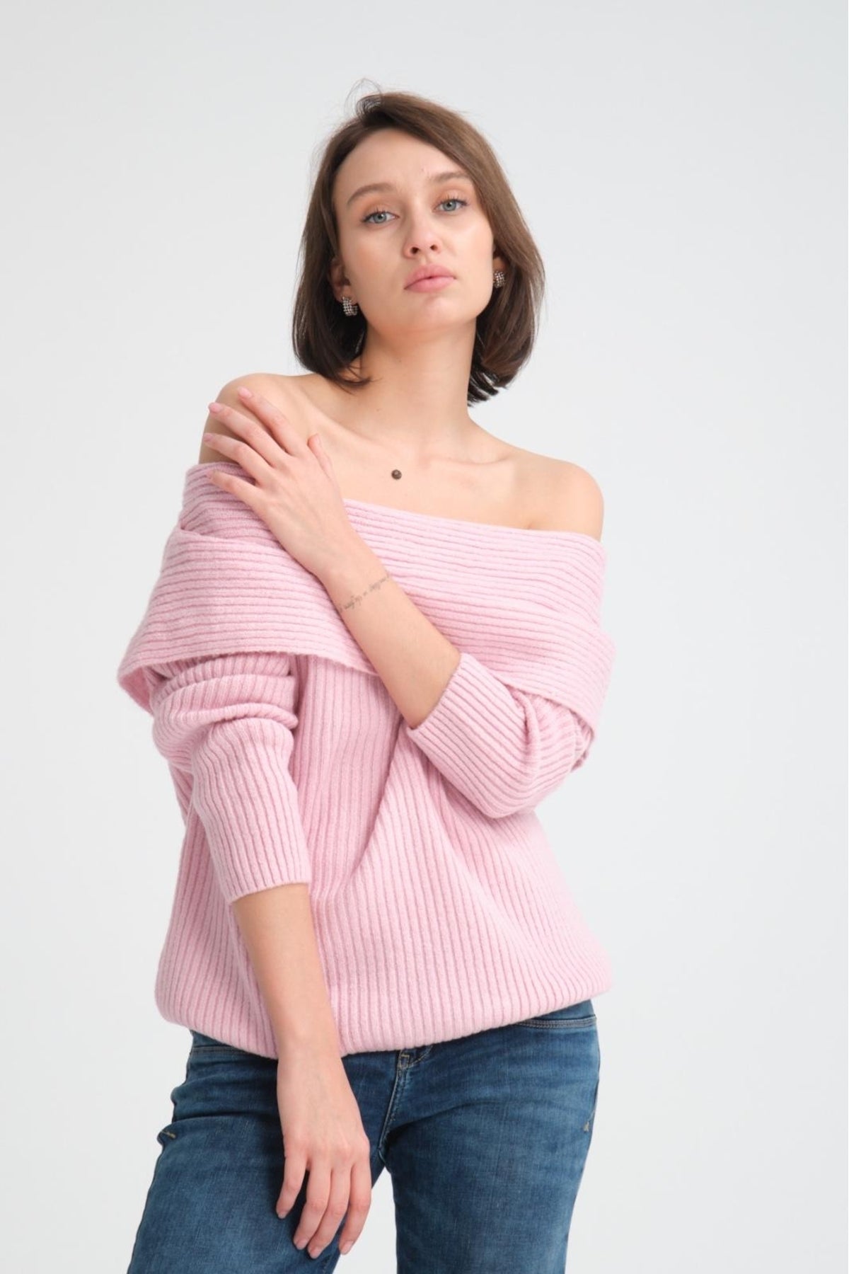 kadın yumoş kalın yumuşak Madonna yaka şık triko uzun kol kazak 3465