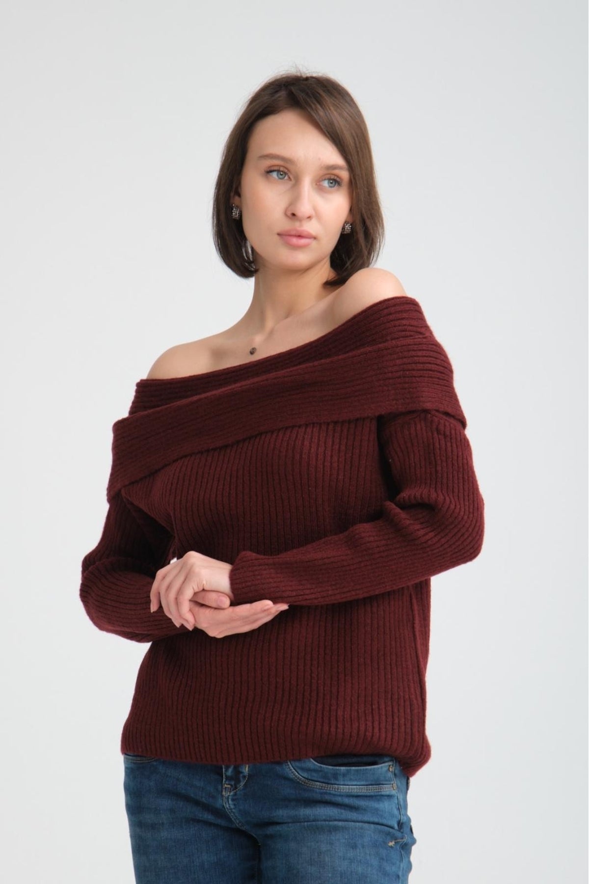 kadın yumoş kalın yumuşak Madonna yaka şık triko uzun kol kazak 3465