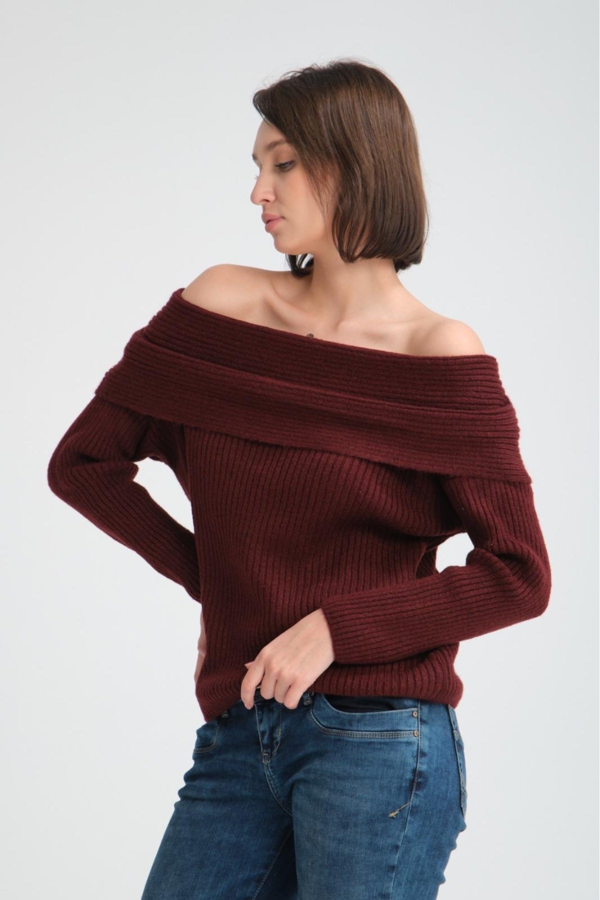 kadın yumoş kalın yumuşak Madonna yaka şık triko uzun kol kazak 3465