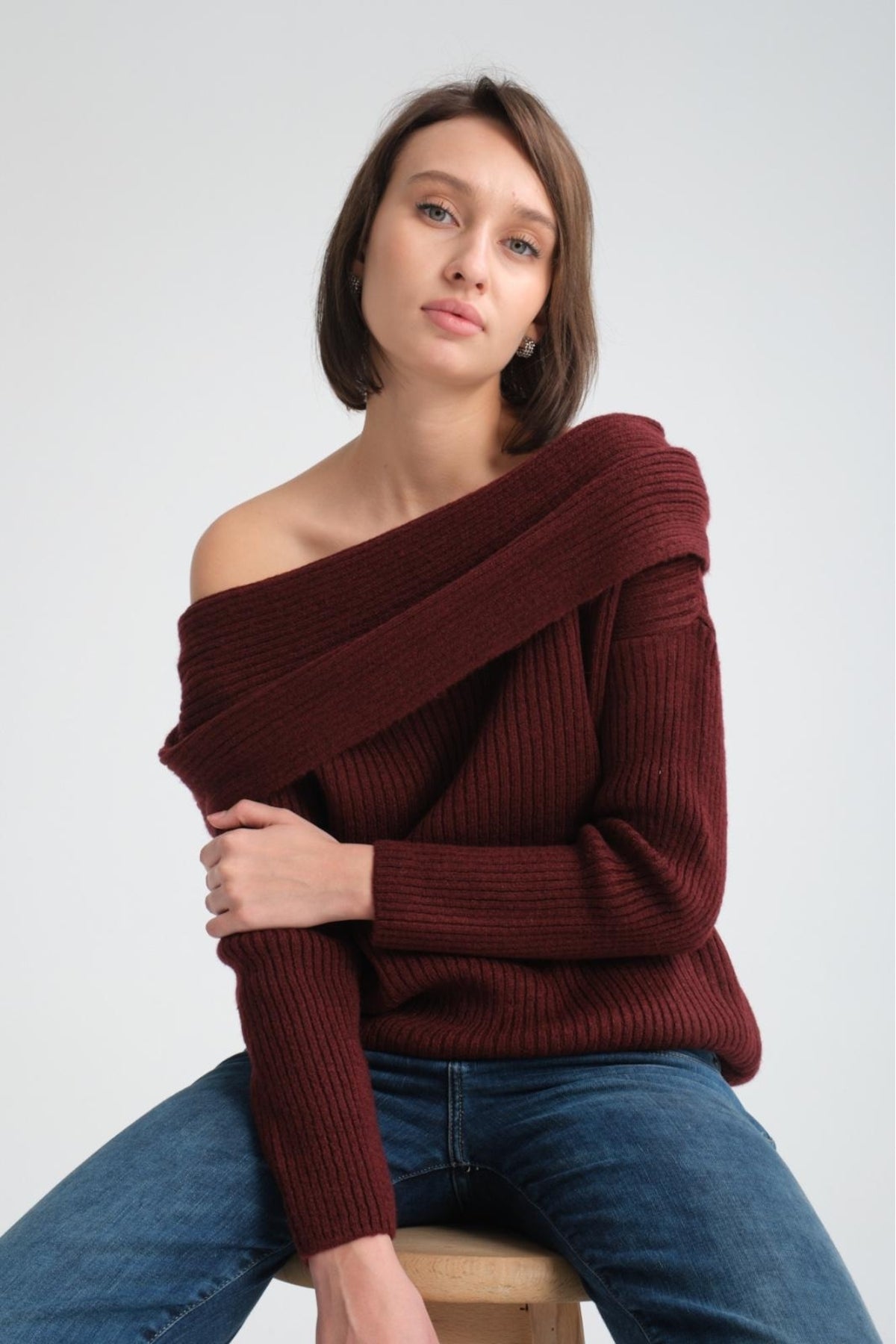 kadın yumoş kalın yumuşak Madonna yaka şık triko uzun kol kazak 3465