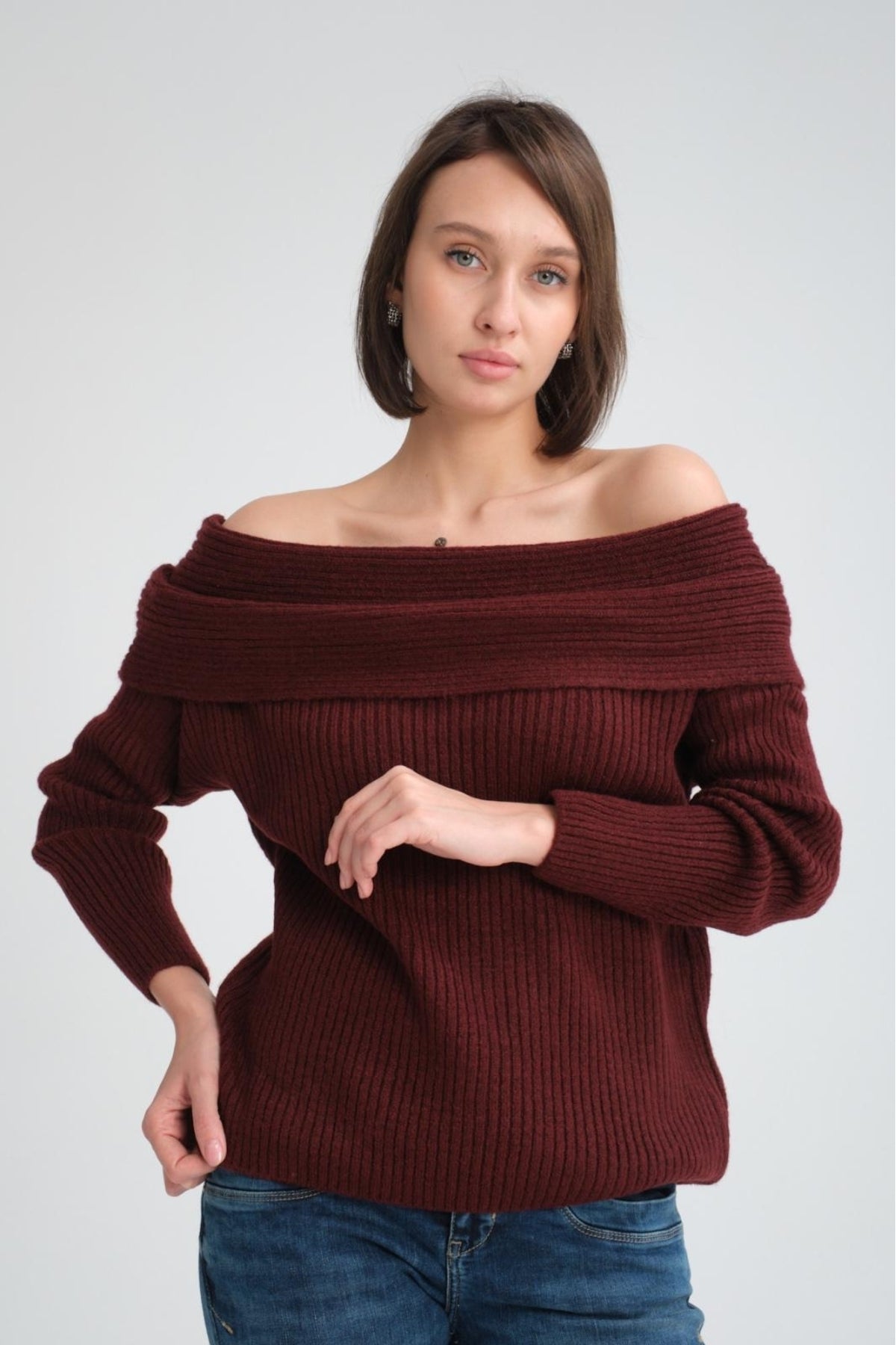 kadın yumoş kalın yumuşak Madonna yaka şık triko uzun kol kazak 3465