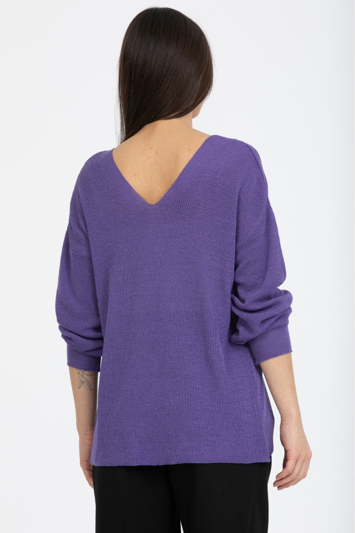 Kadın Giyim Bluz Merserize Kazak Ön Arka V Yaka Balon Kol Ince Merserize Triko Örme Salaş Kazak 3276