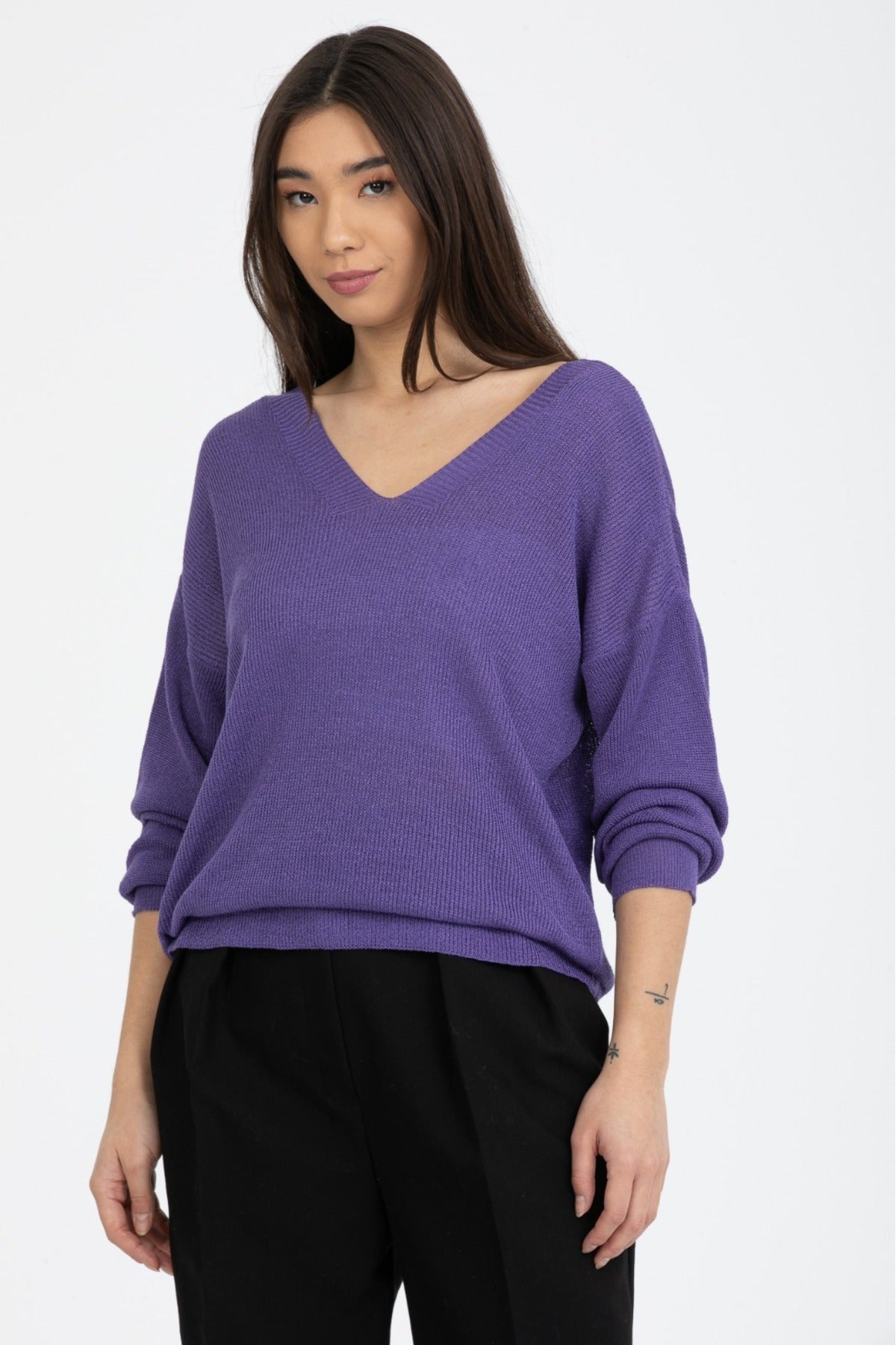 Kadın Giyim Bluz Merserize Kazak Ön Arka V Yaka Balon Kol Ince Merserize Triko Örme Salaş Kazak 3276