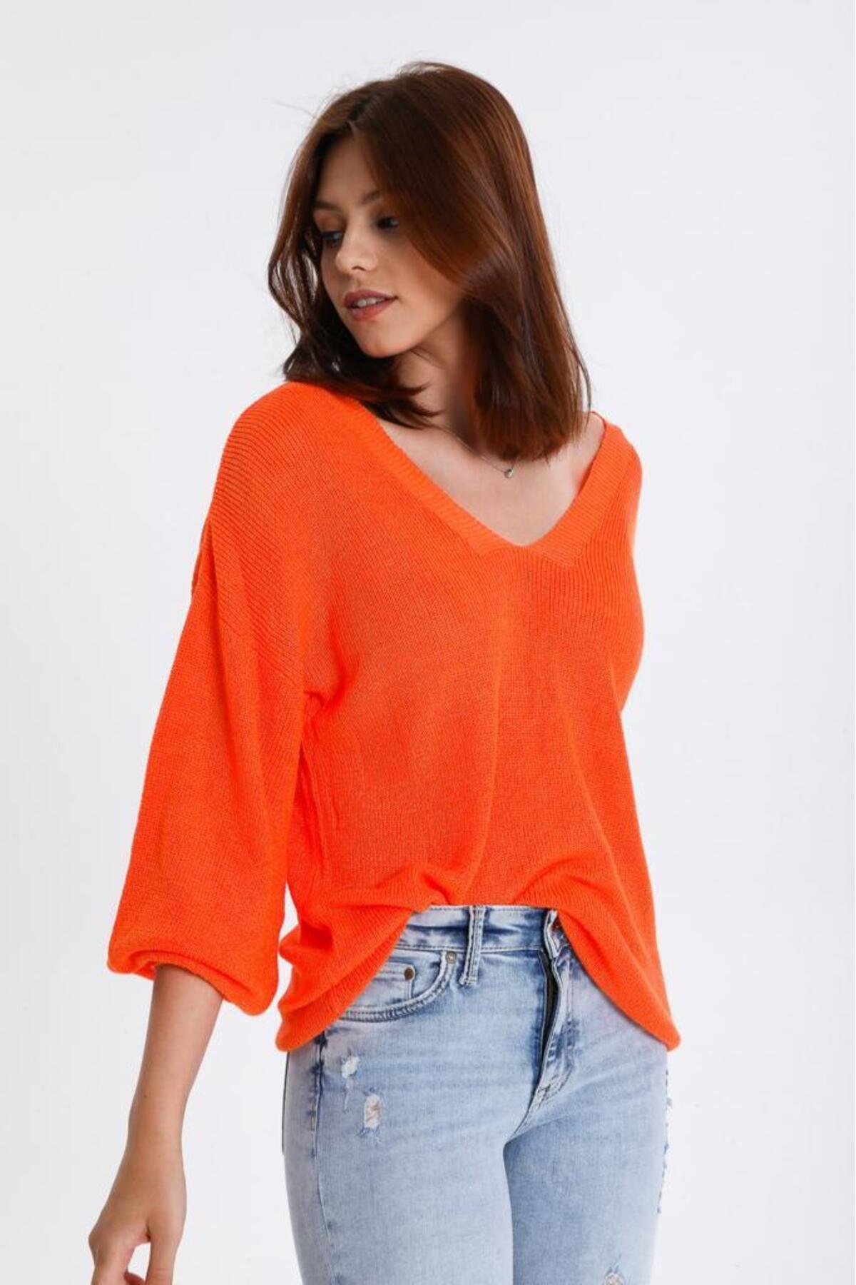 Kadın Giyim Bluz Merserize Kazak Ön Arka V Yaka Balon Kol Ince Merserize Triko Örme Salaş Kazak 3276