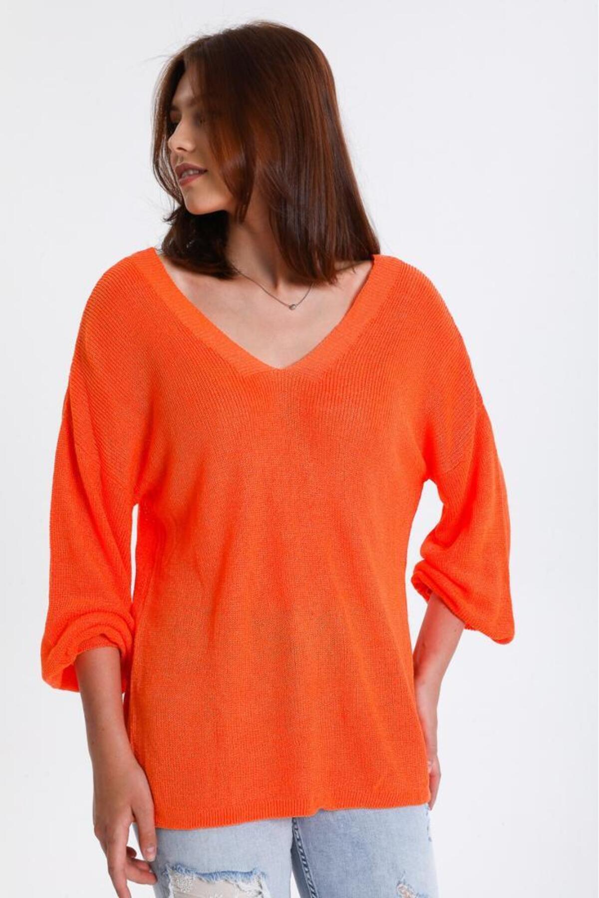 Kadın Giyim Bluz Merserize Kazak Ön Arka V Yaka Balon Kol Ince Merserize Triko Örme Salaş Kazak 3276