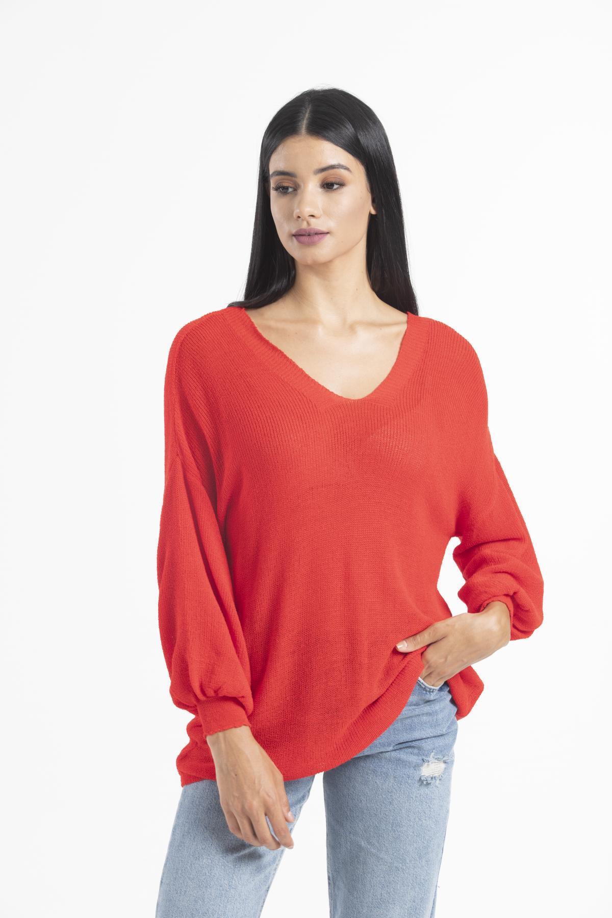 Kadın Giyim Bluz Merserize Kazak Ön Arka V Yaka Balon Kol Ince Merserize Triko Örme Salaş Kazak 3276