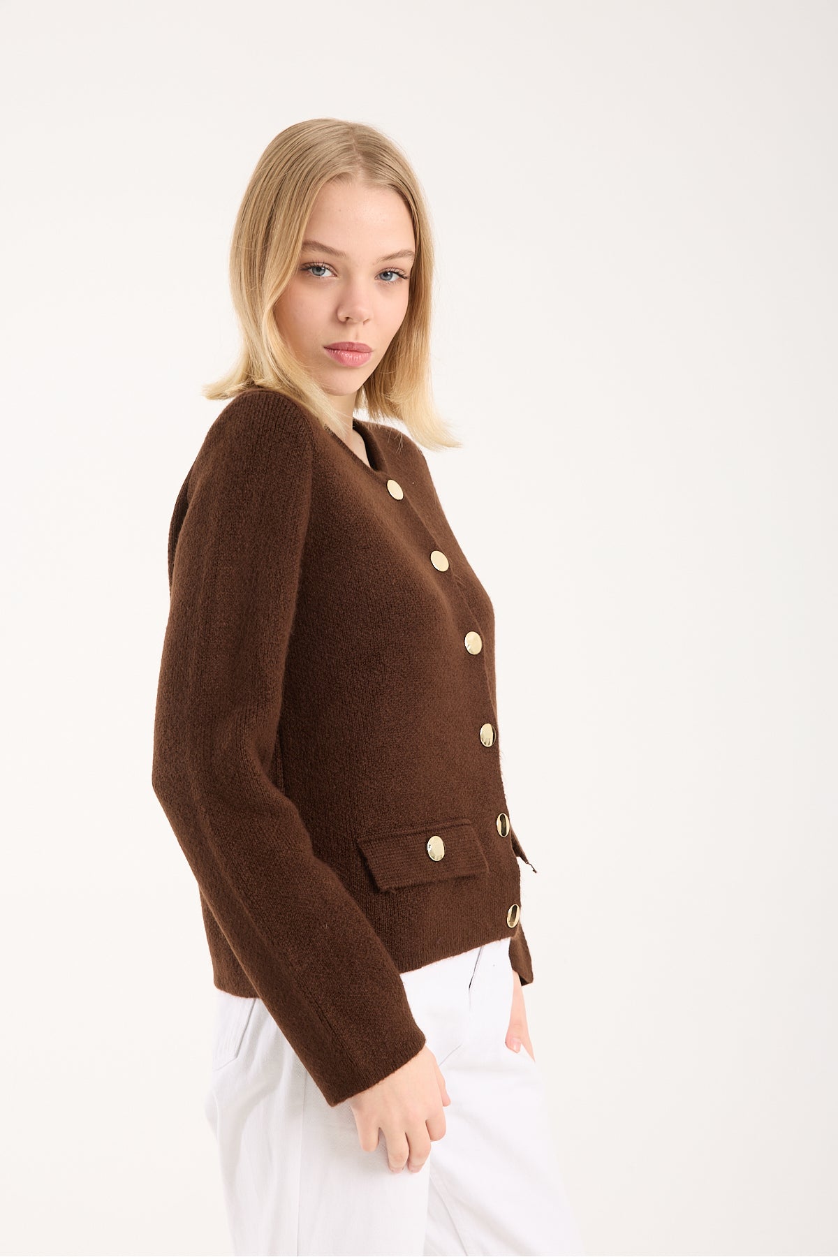 Yumoş ip düğmeli cepli kadın hırka 6517