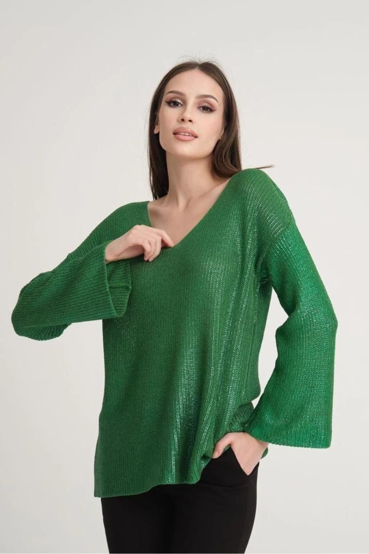 Kadın Triko Kazak Varak Kaplama Yeni Yıl Işıltılı V Yaka Parlak Uzun Kazak 3387