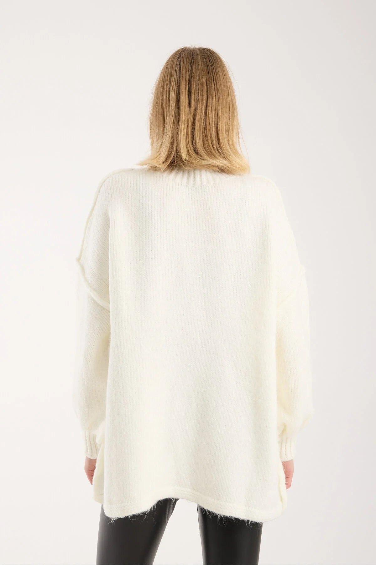 Yumoş ip ters dikiş oversize kadın kazak dik yaka 6513