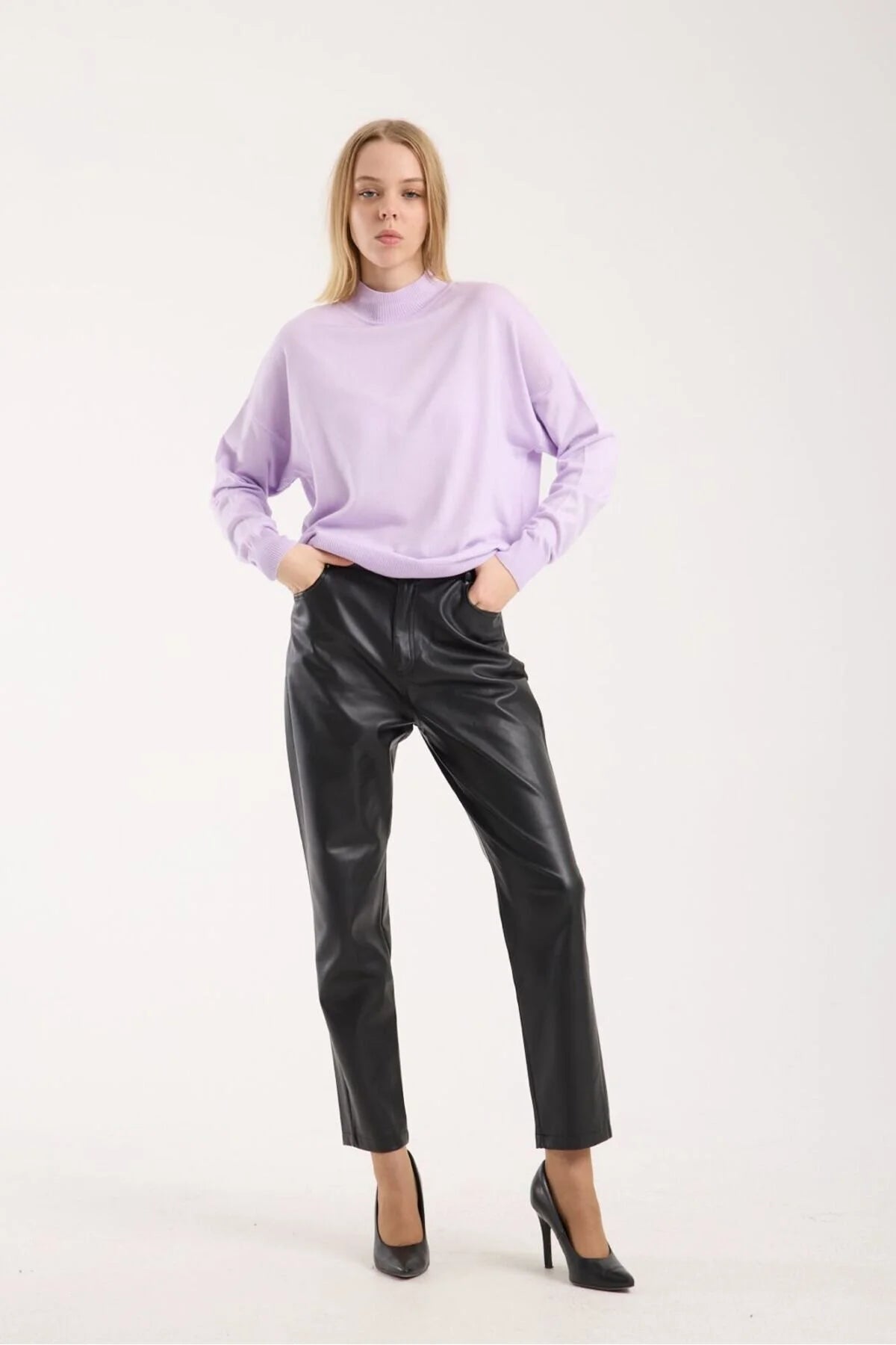 Kadın triko kazak yumuşak doku dik yaka basic 3522