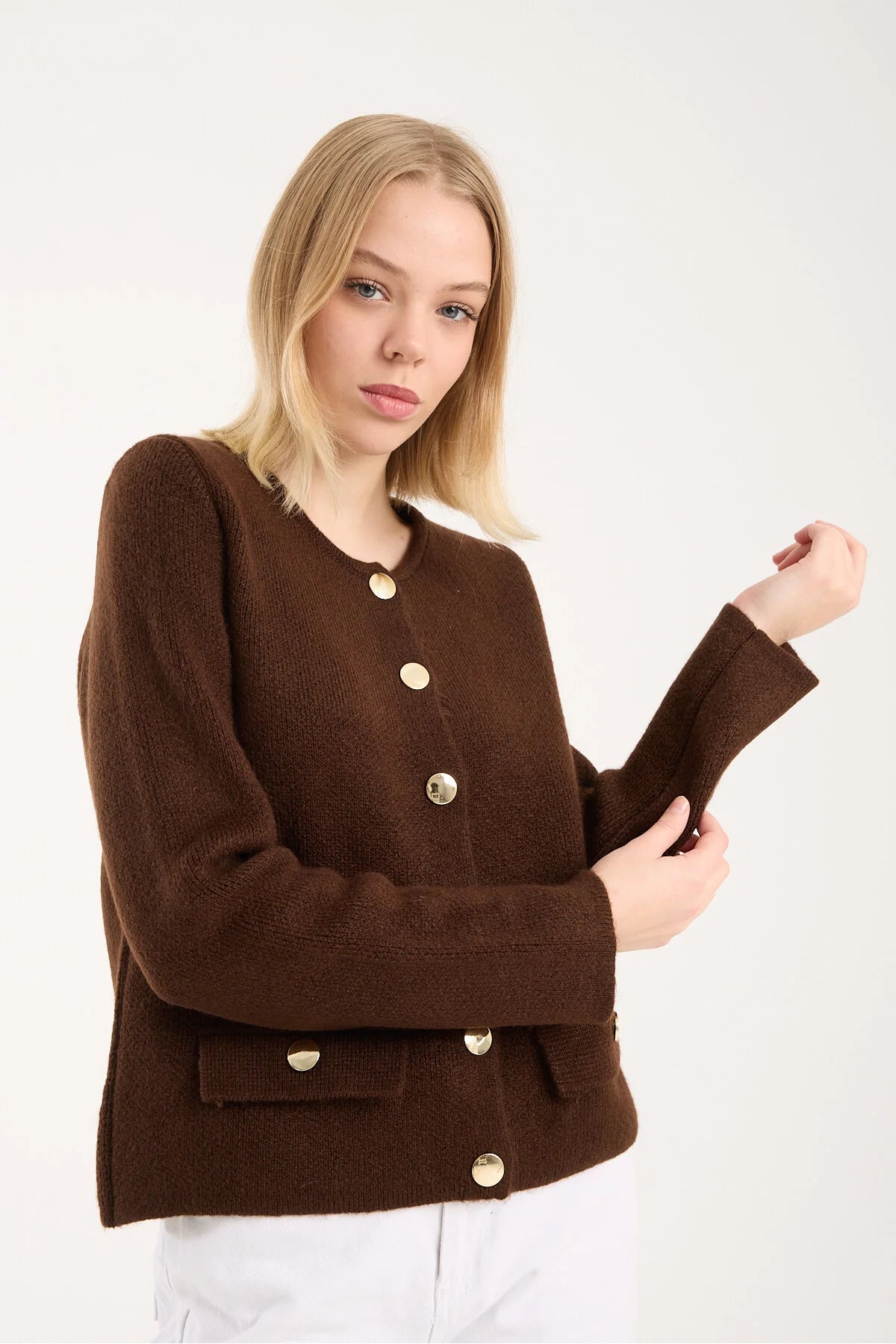 Yumoş ip düğmeli cepli kadın hırka 6517