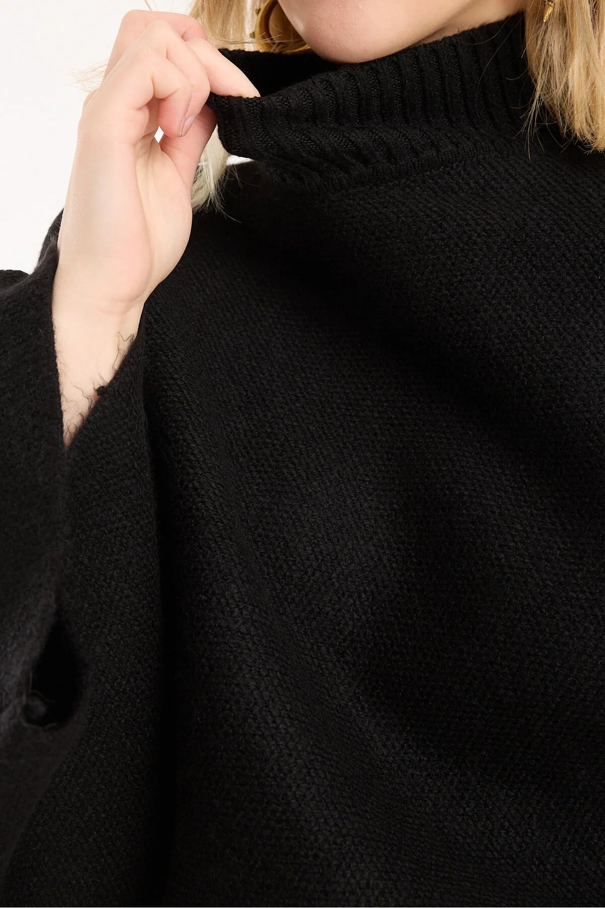 Yumoş ip pelerin dik yaka yarasa kol kadın kazak 6514