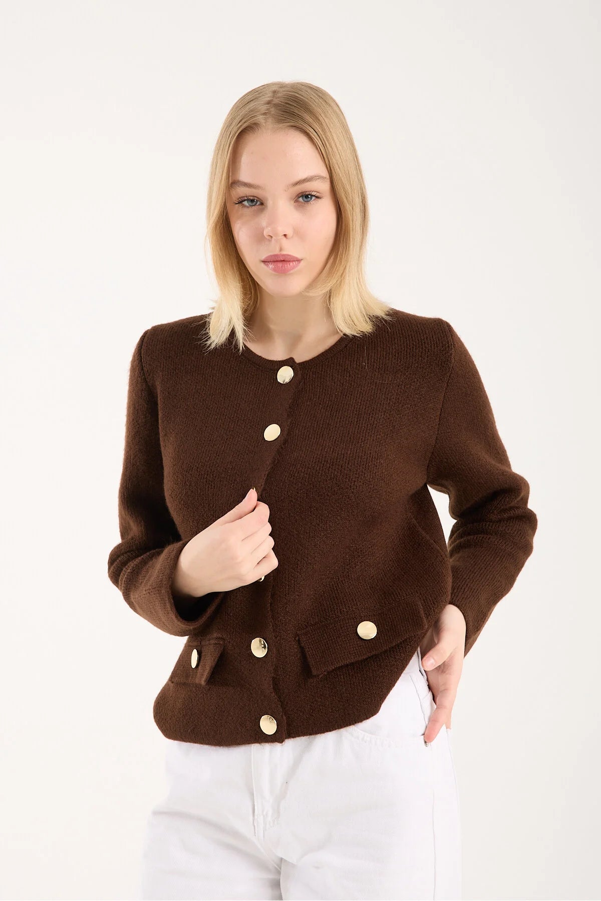 Yumoş ip düğmeli cepli kadın hırka 6517