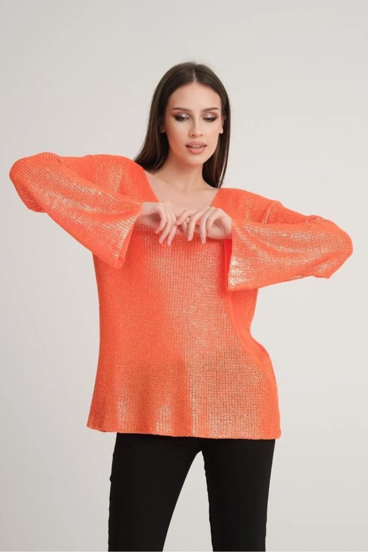 Kadın Triko Kazak Varak Kaplama Yeni Yıl Işıltılı V Yaka Parlak Uzun Kazak 3387